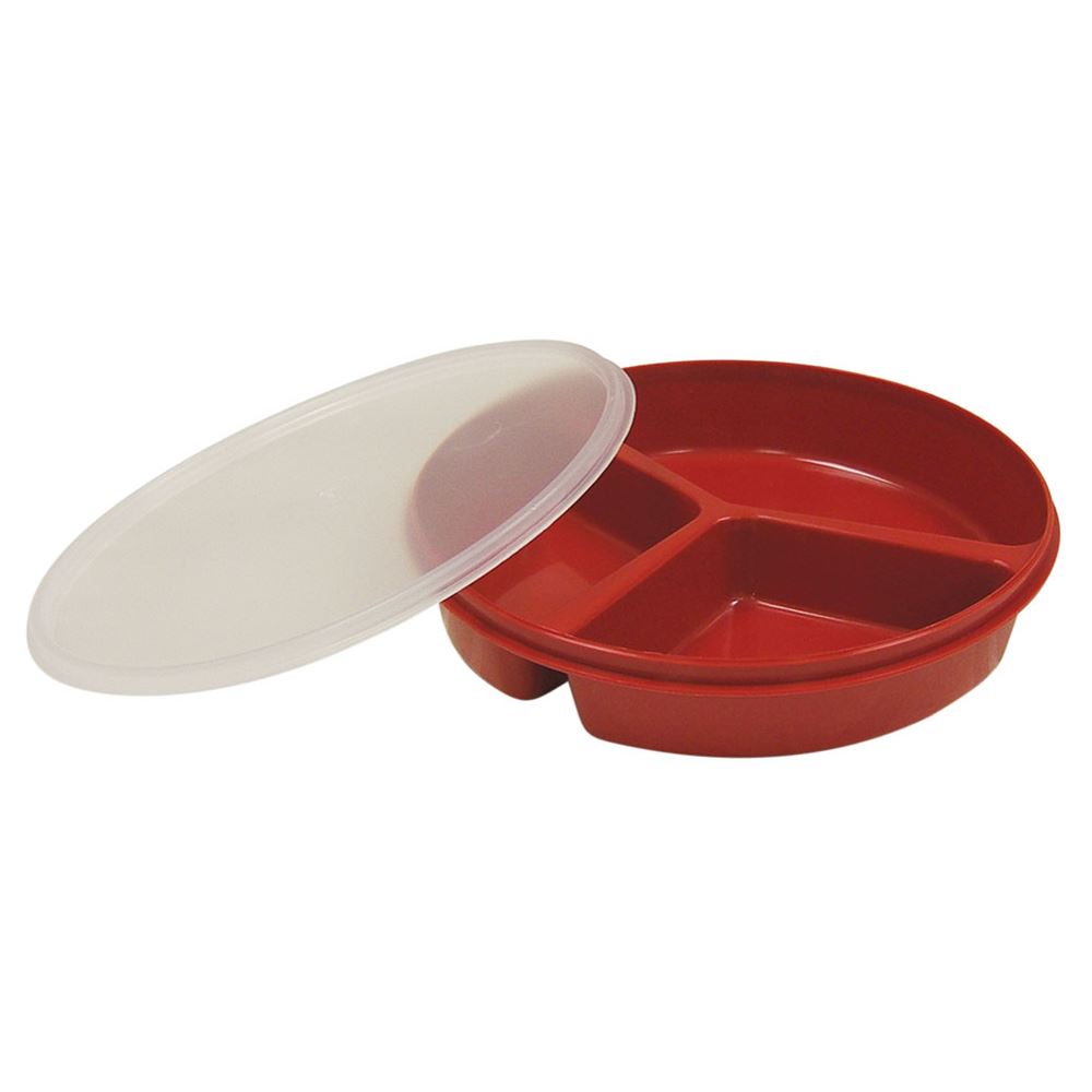 Divided Scoop Red Dish with Lid :: deep partitioned red plate