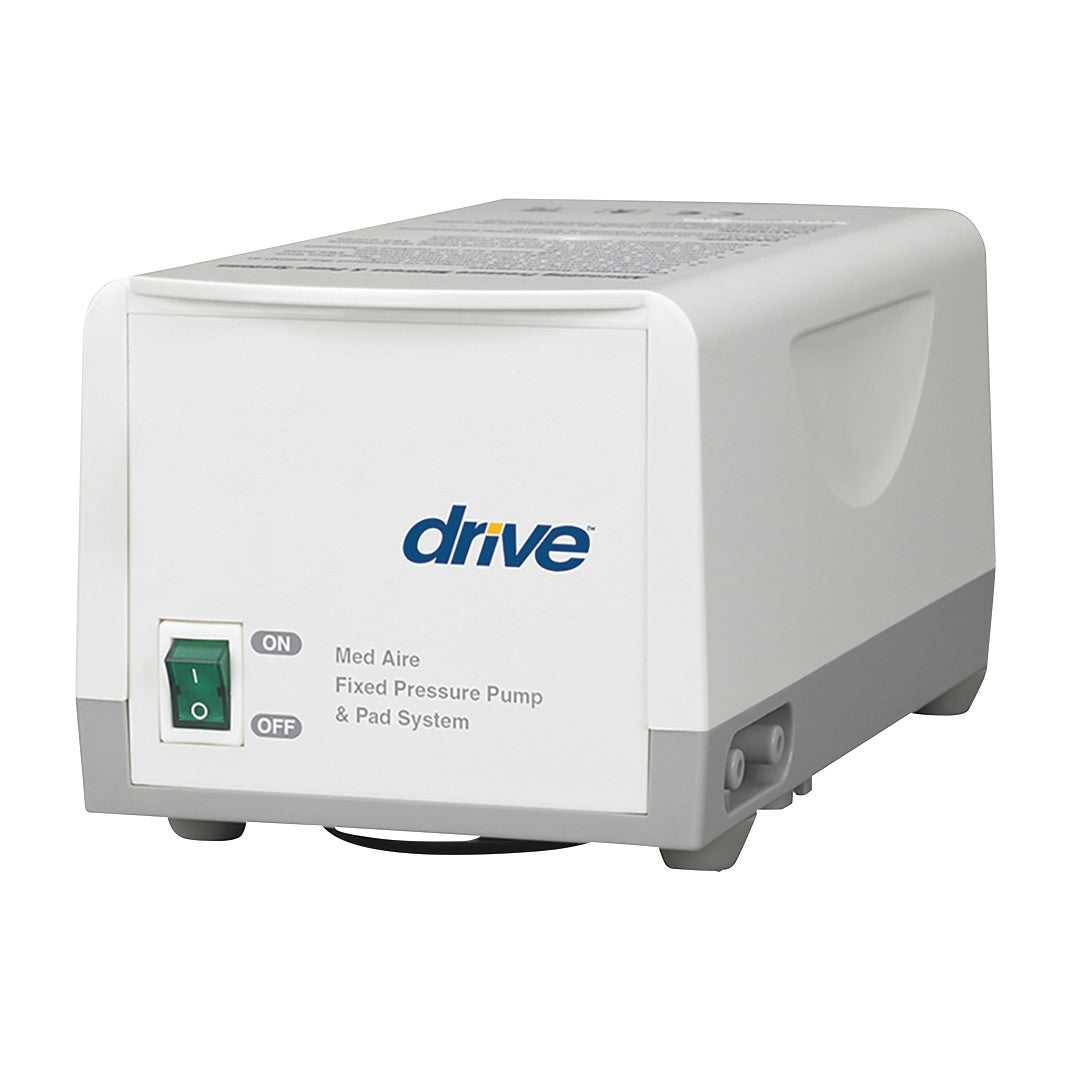 The Drive Medical Med-Aire Alternating Pressure Pad System is shown with a green on/off switch and a compact, rectangular design.