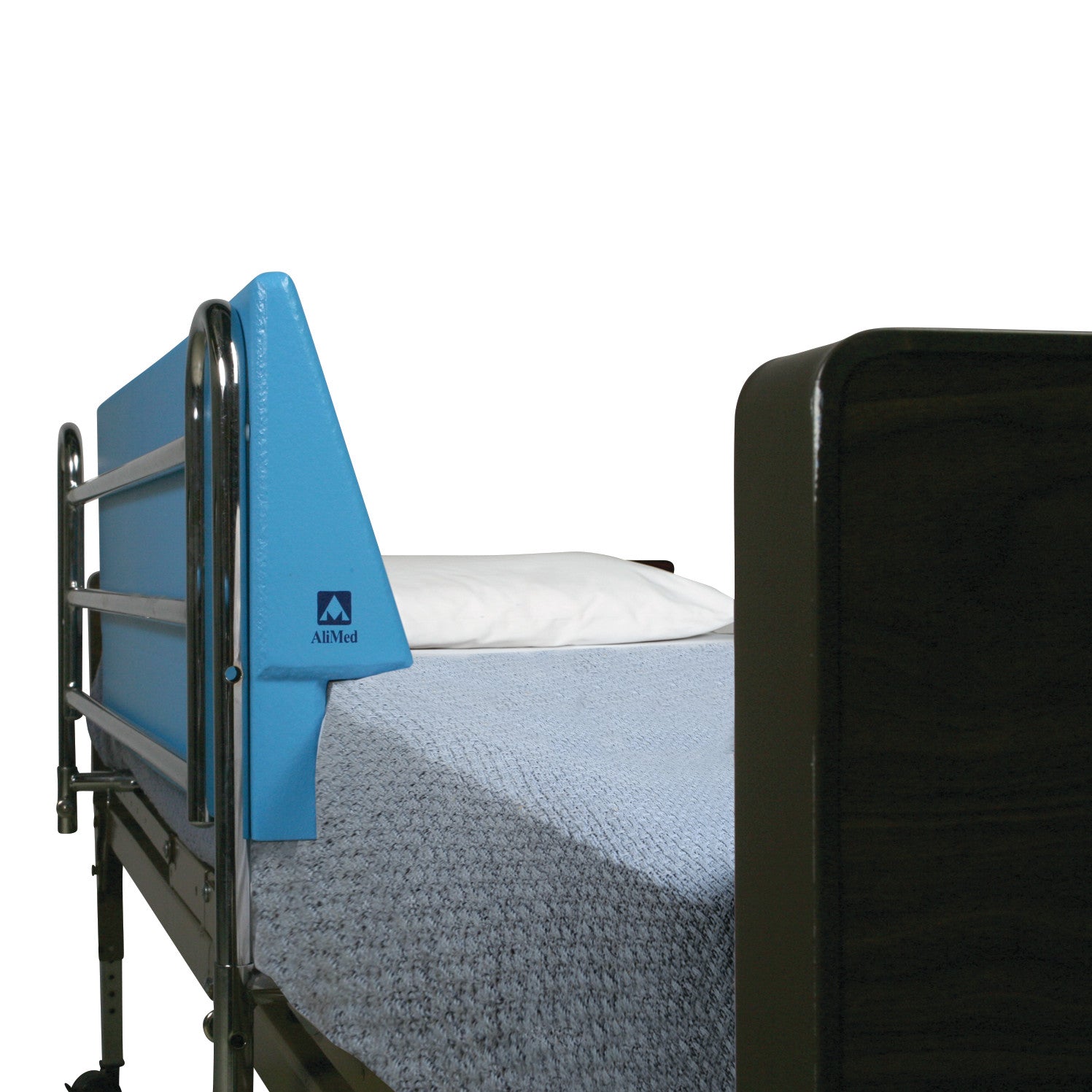 AliMed Antimicrobial Waterproof Foam Bed Bolster with a blue vinyl coating providing side protectio between patient and bedrail.