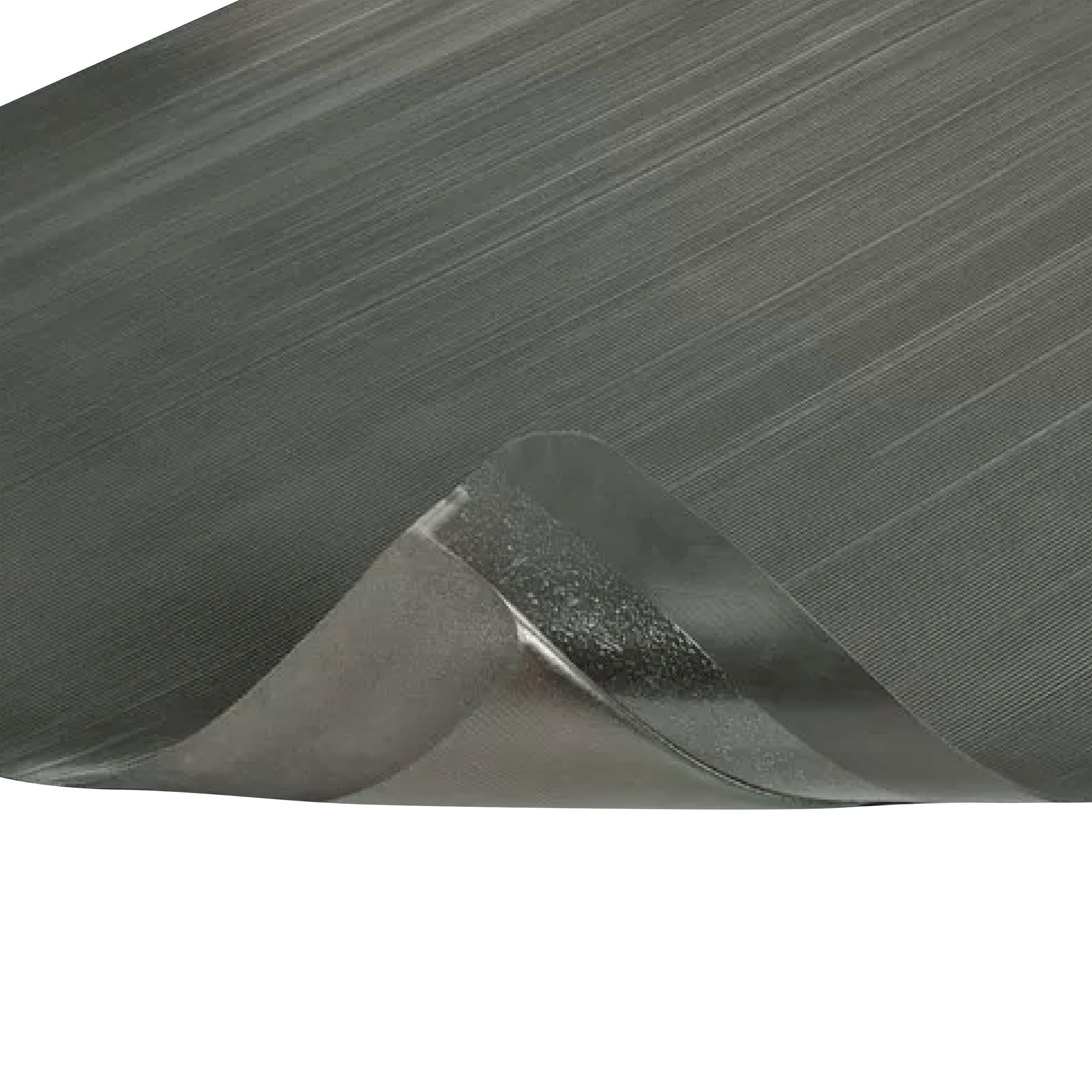 A close-up of the ErgoMat Anti-Fatigue Mat, showing its textured surface and a corner slightly lifted to reveal a thin profile.