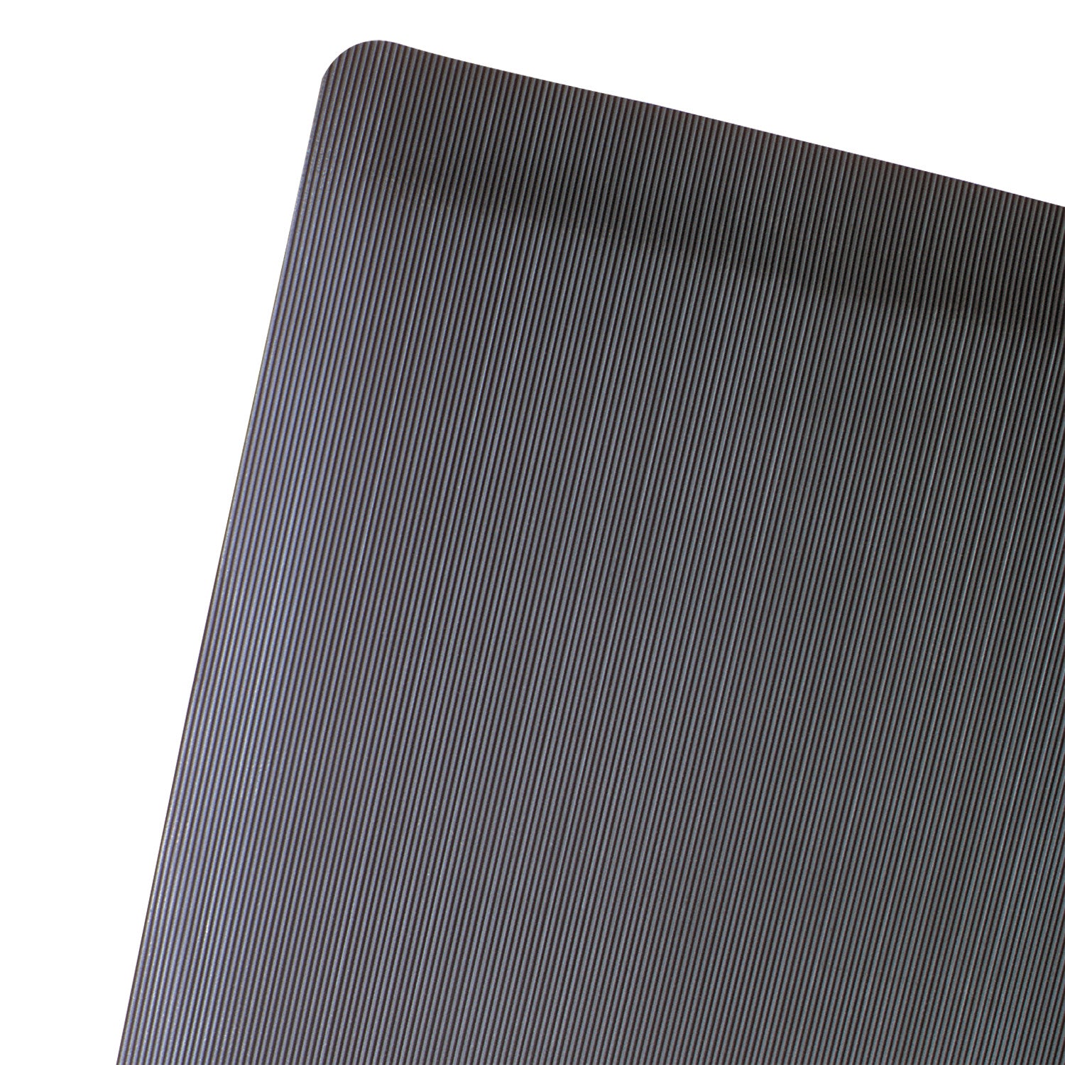 The ErgoMat Anti-Fatigue Mat features a black surface with fine diagonal lines, providing ergonomic comfort during standing tasks.
