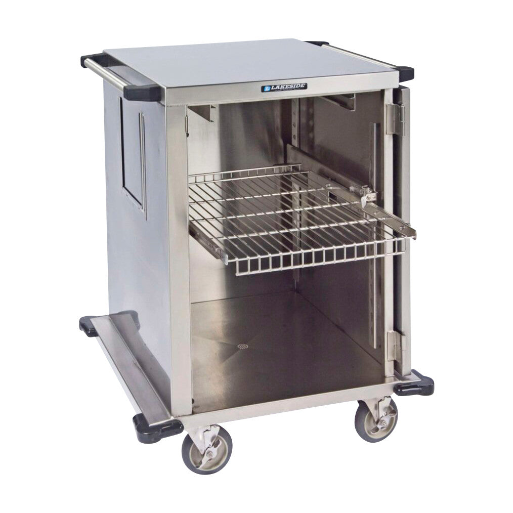 Lakeside Stainless Steel Case Cart with a single wire shelf, two swivel casters, and a hinged door is open, revealing its interior.
