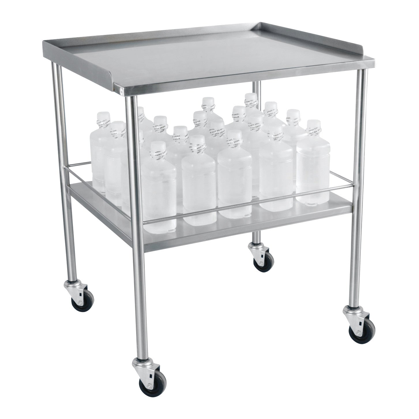 Mobile Stand for Blickman Warming Cabinet, stainless steel frame on caster wheels, with bottles on its lower shelf.