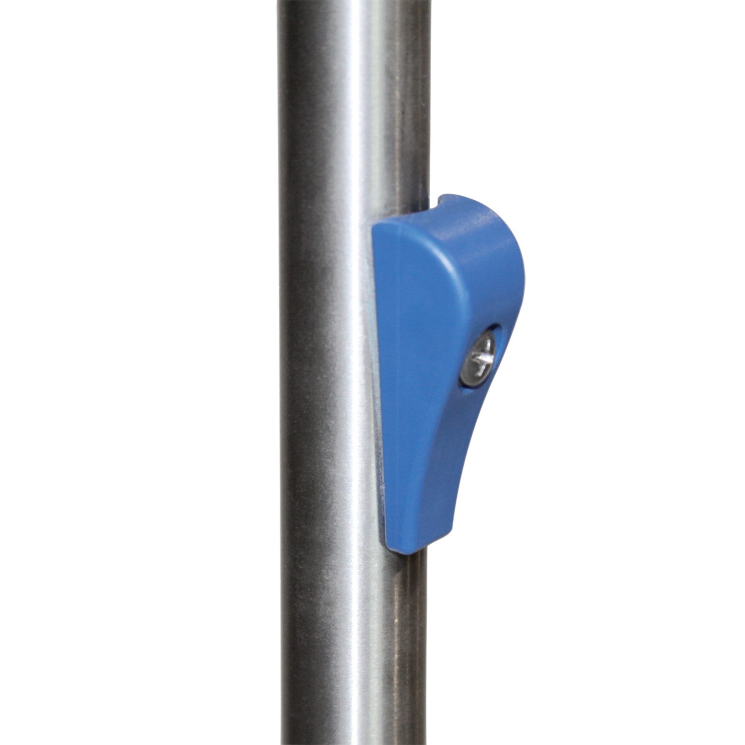 Close-up of a Blickman Five-Leg Stainless Steel IV Stand with Thumb Control, featuring a blue thumb control on a metal pole.