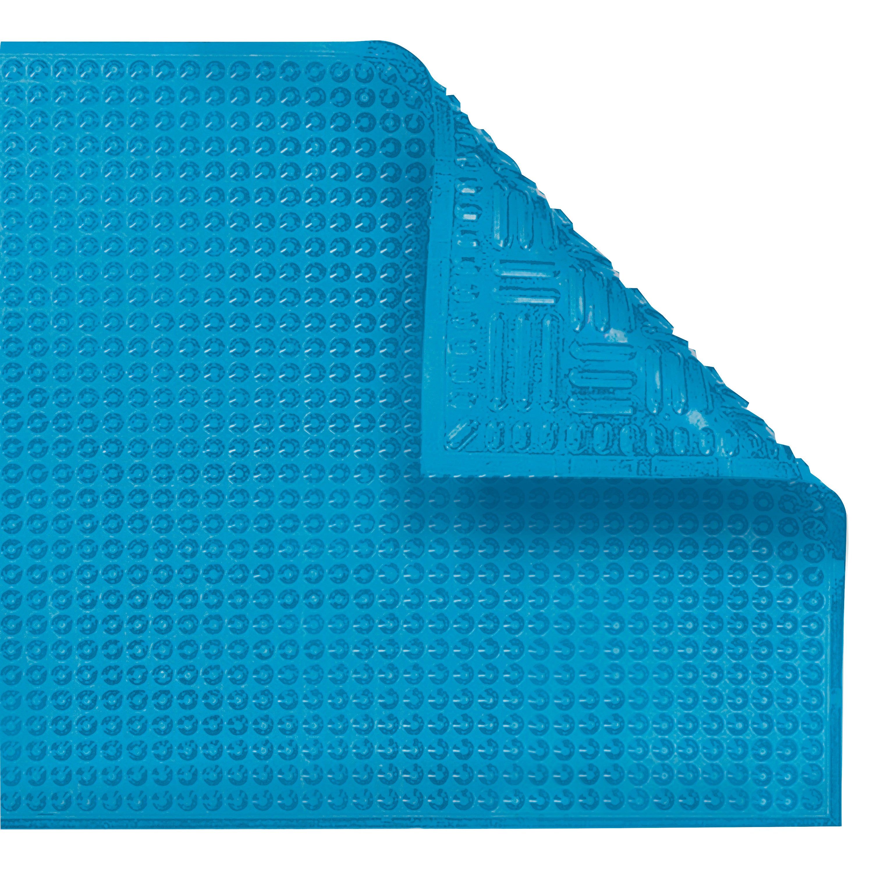 A blue ERGOMAT Hygiene Nitrile Floor Mat, featuring a textured pattern with a corner folded to reveal its underside design.