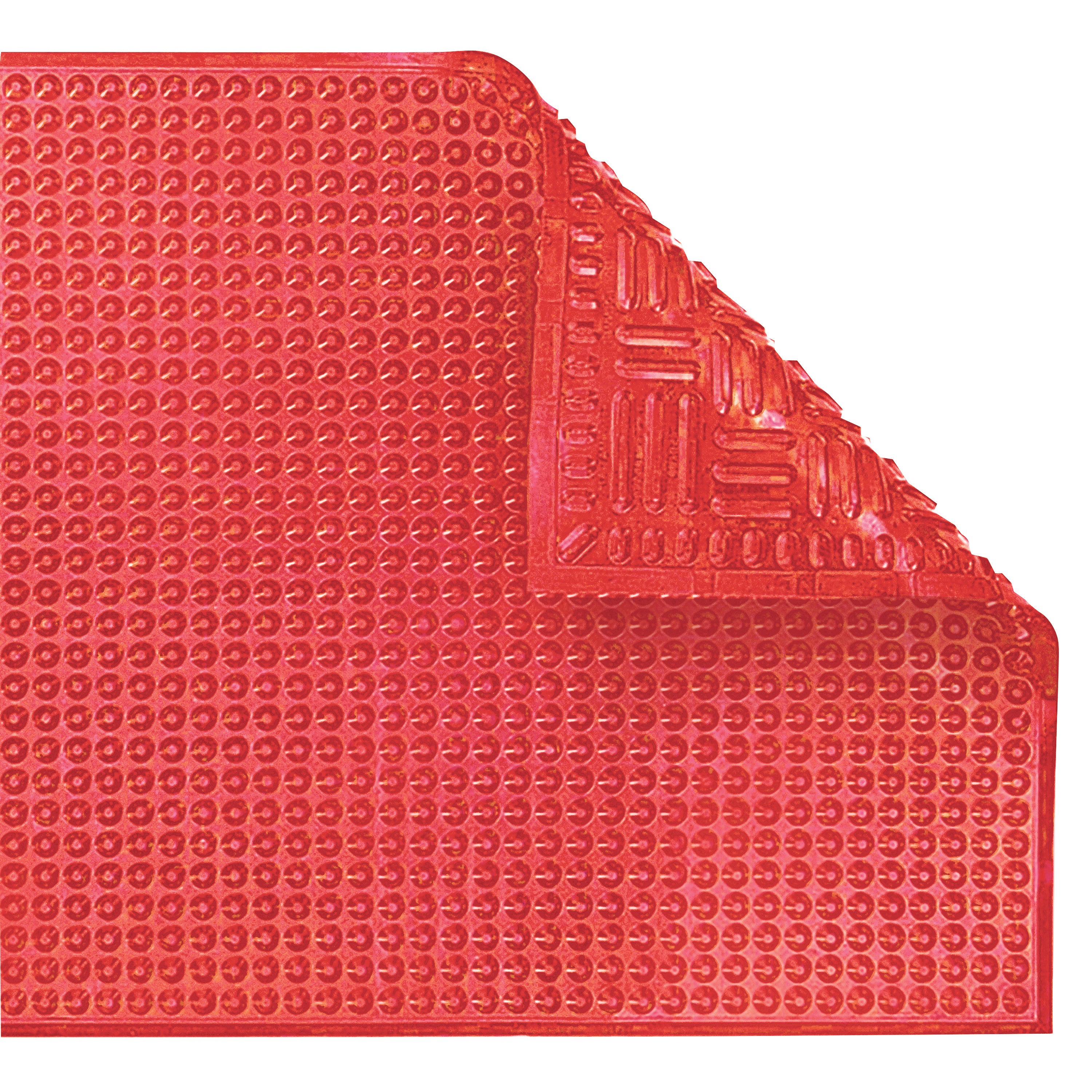 Red ERGOMAT Hygiene Nitrile Floor Mat with a textured, bubble-like surface and corner flipped to show underside pattern.