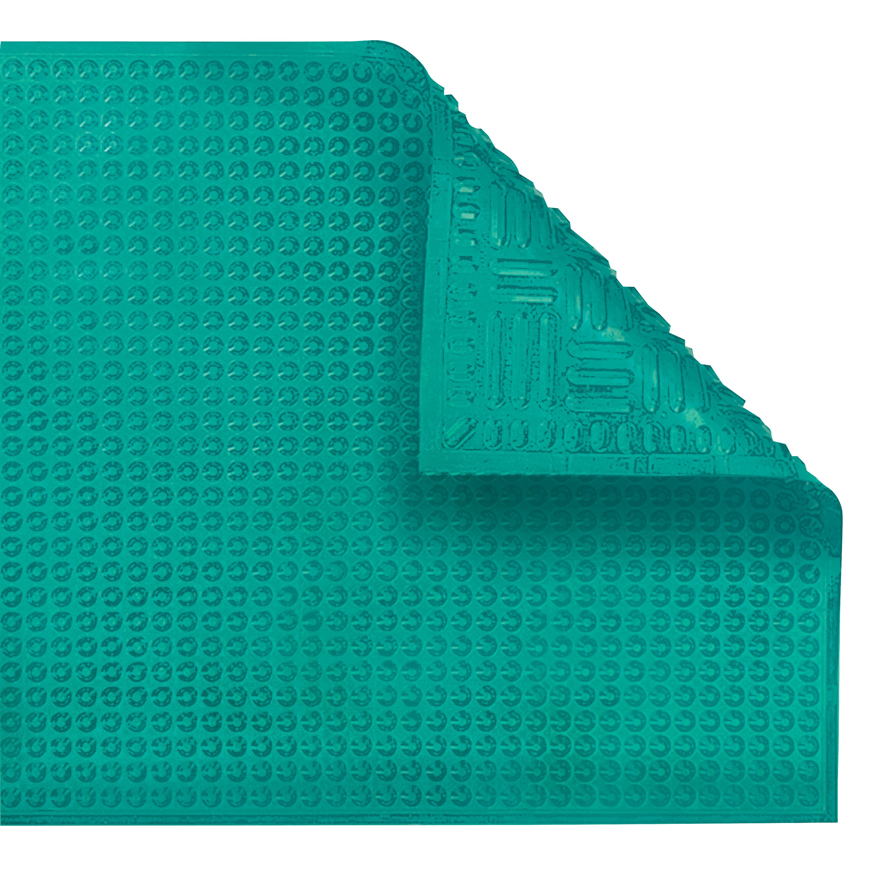 An ERGOMAT Hygiene Nitrile Floor Mat with a textured pattern, shown in a turquoise color with a corner slightly folded.