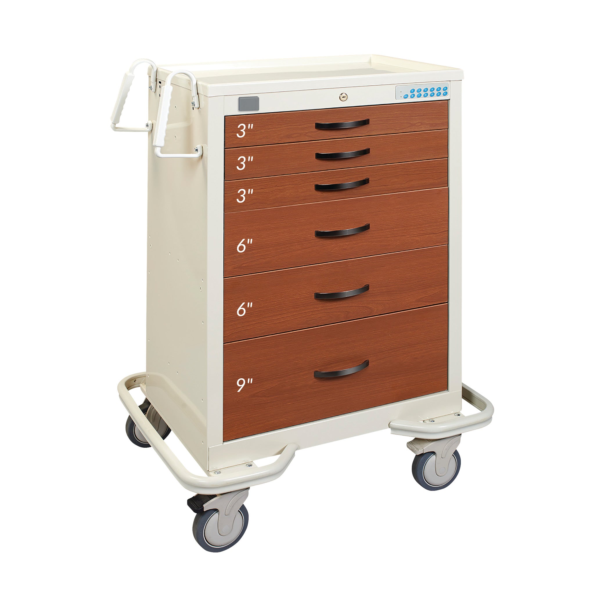 AliMed Standard Series 6-Drawer Wood-Look Medical Cart with various drawer sizes and smooth-rolling wheels for easy mobility.
