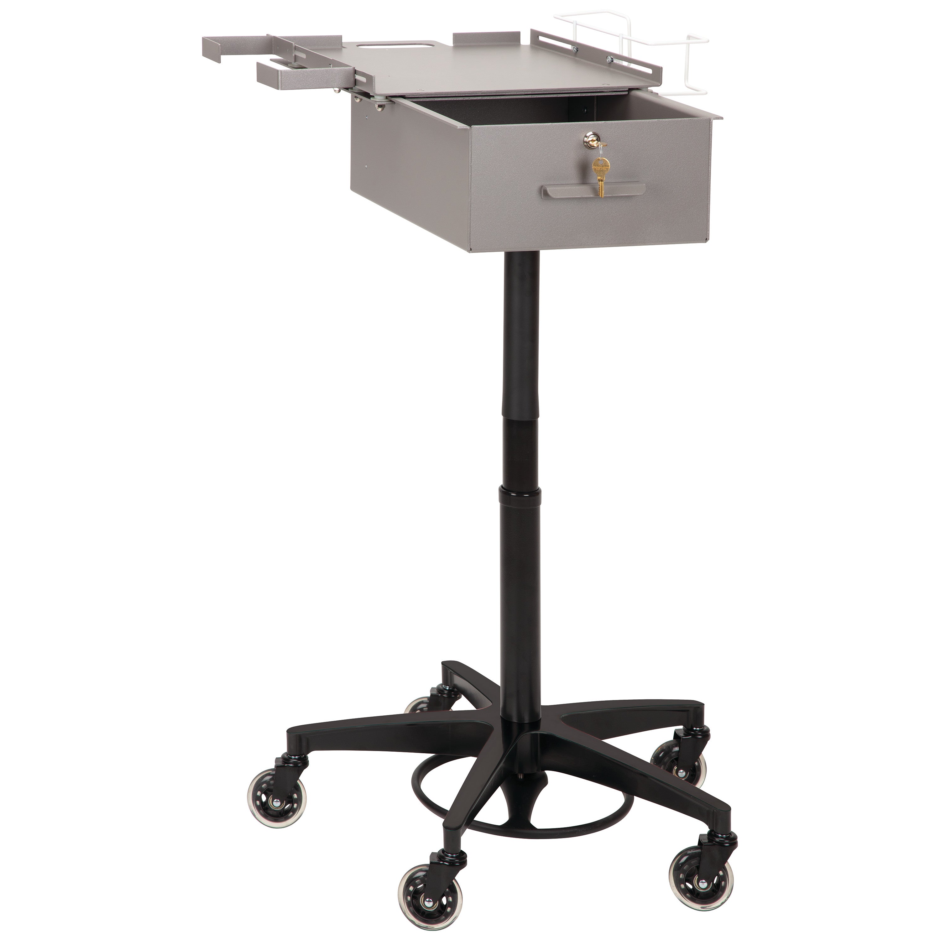 The AliMed Single Drawer Phlebotomy Cart features a lockable drawer and an adjustable height, supported by a wheeled base.