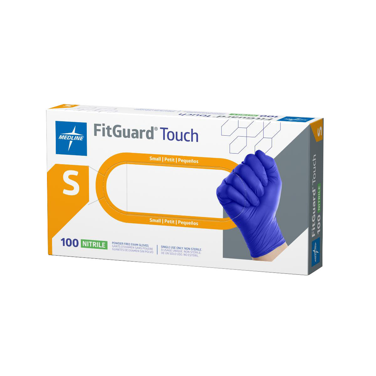 FitGuard Touch Powder-Free Nitrile Exam Gloves box with a size "S" label, featuring an image of a blue gloved hand making a fist.