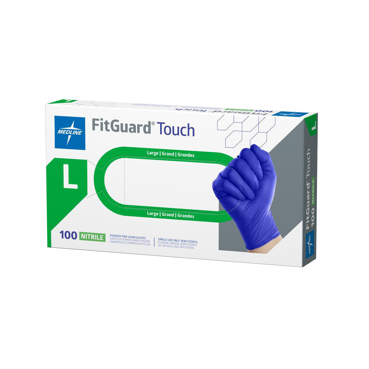 A box of FitGuard Touch Powder-Free Nitrile Exam Gloves with a large size label and an image of a hand wearing a blue glove.