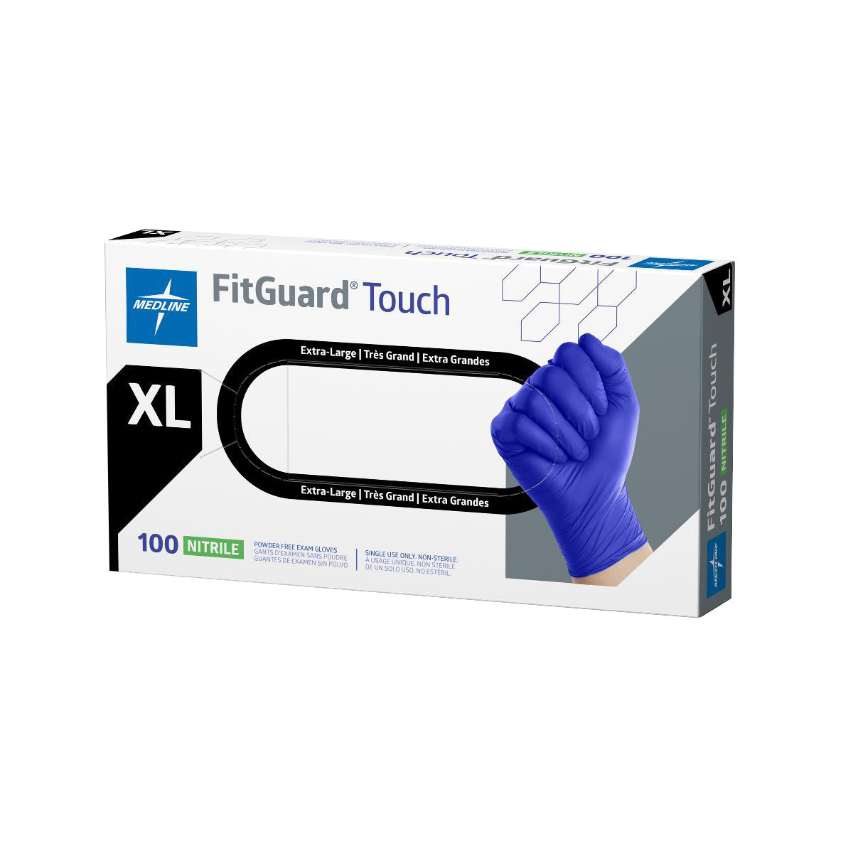 FitGuard Touch Powder-Free Nitrile Exam Gloves box, size XL, with an image of a hand wearing a purple glove making a fist.