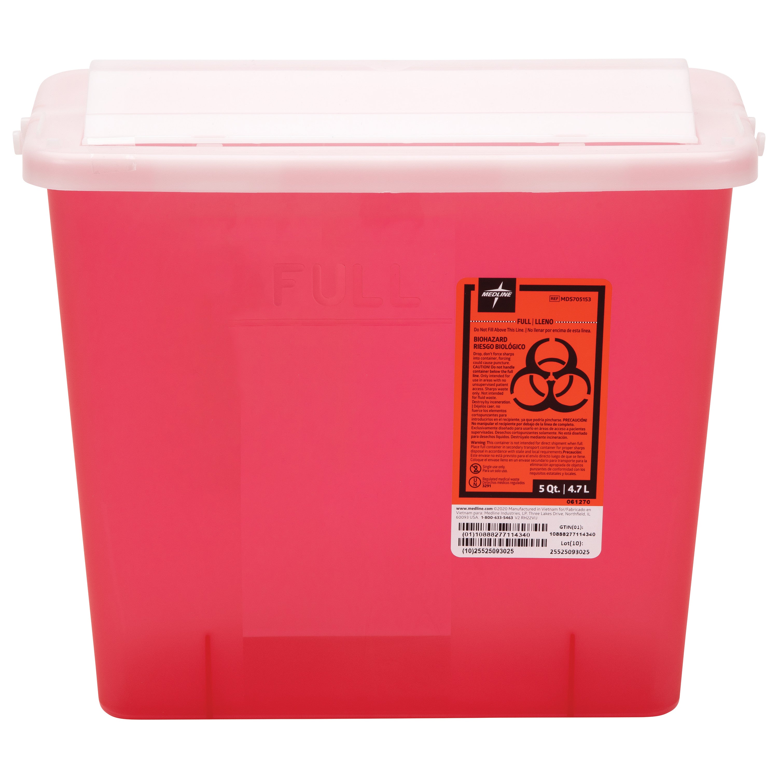 Red 5-Quart Sharps Disposal Container with a white lid and a biohazard symbol label indicating it is for biological risk waste.