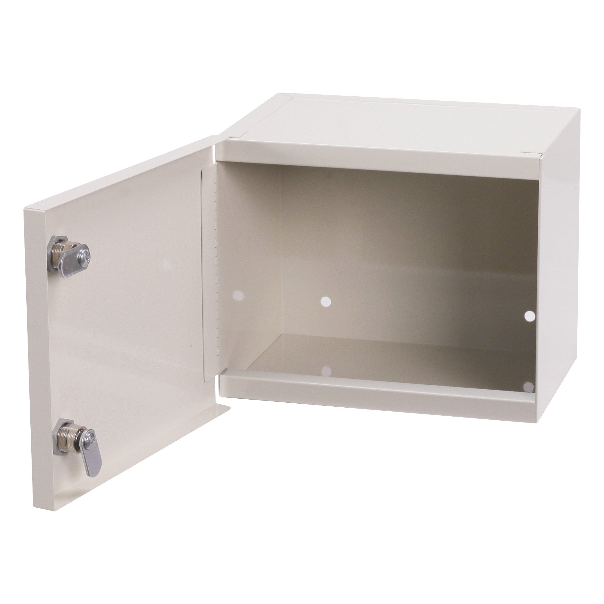 The Lakeside Double-Lock Narcotics Box is a beige rectangular metal box with an open door featuring two locking mechanisms.