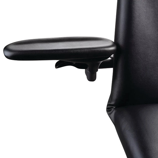 Close-up of the armrest of the Midmark Basic Podiatry Procedure Chair, Model 646, featuring sleek black cushioning.