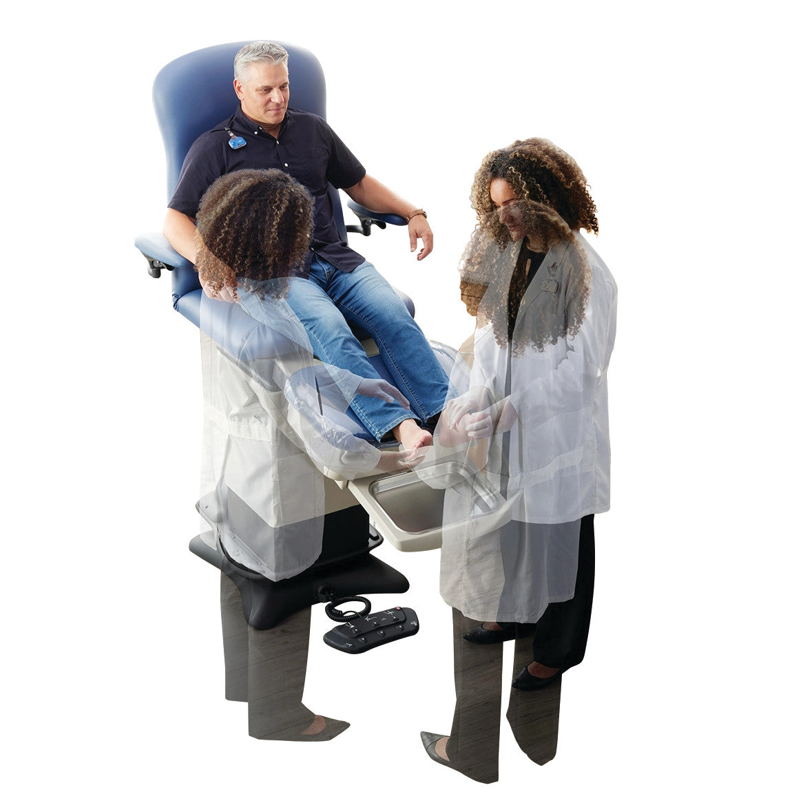A person sits on the Midmark Nonprogrammable Podiatry Procedure Chair, Model 647, with a healthcare worker examining their foot.