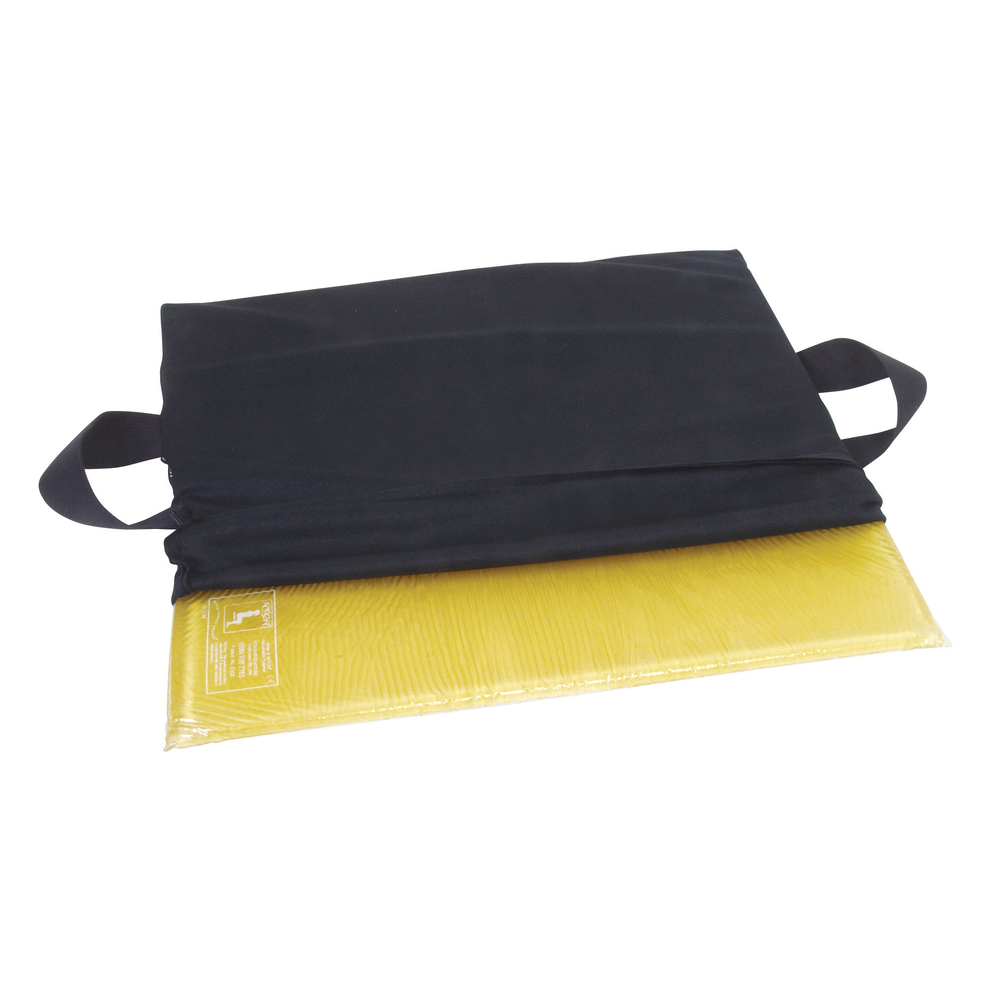 An AliMed T-Gel Wheelchair Cushion partly covered by a black fabric cover with handles. The cushion is yellow.