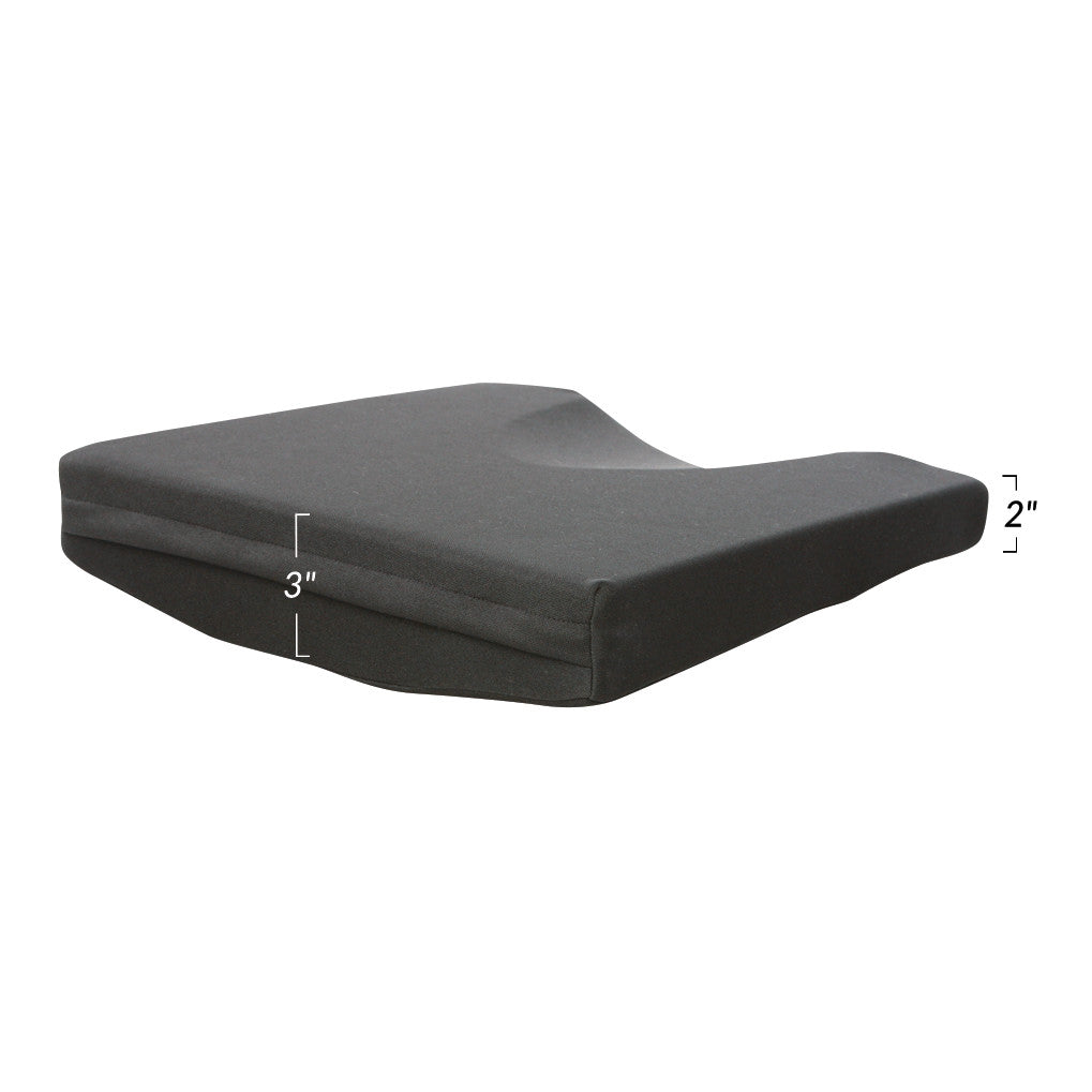 AliMed Basic Wedge Wheelchair Cushion with Convex Base in black. It tapers from 3 inches at the back to 2 inches at the front.