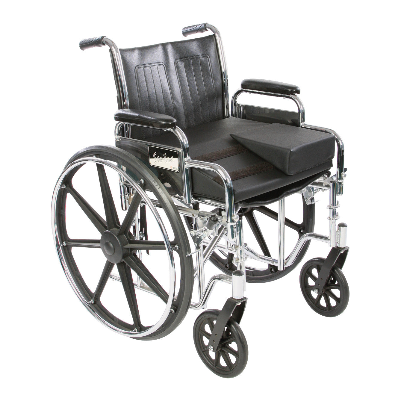 A wheelchair with the AliMed AliHip Wheelchair Cushion on the seat, featuring padded armrests and large rear wheels.