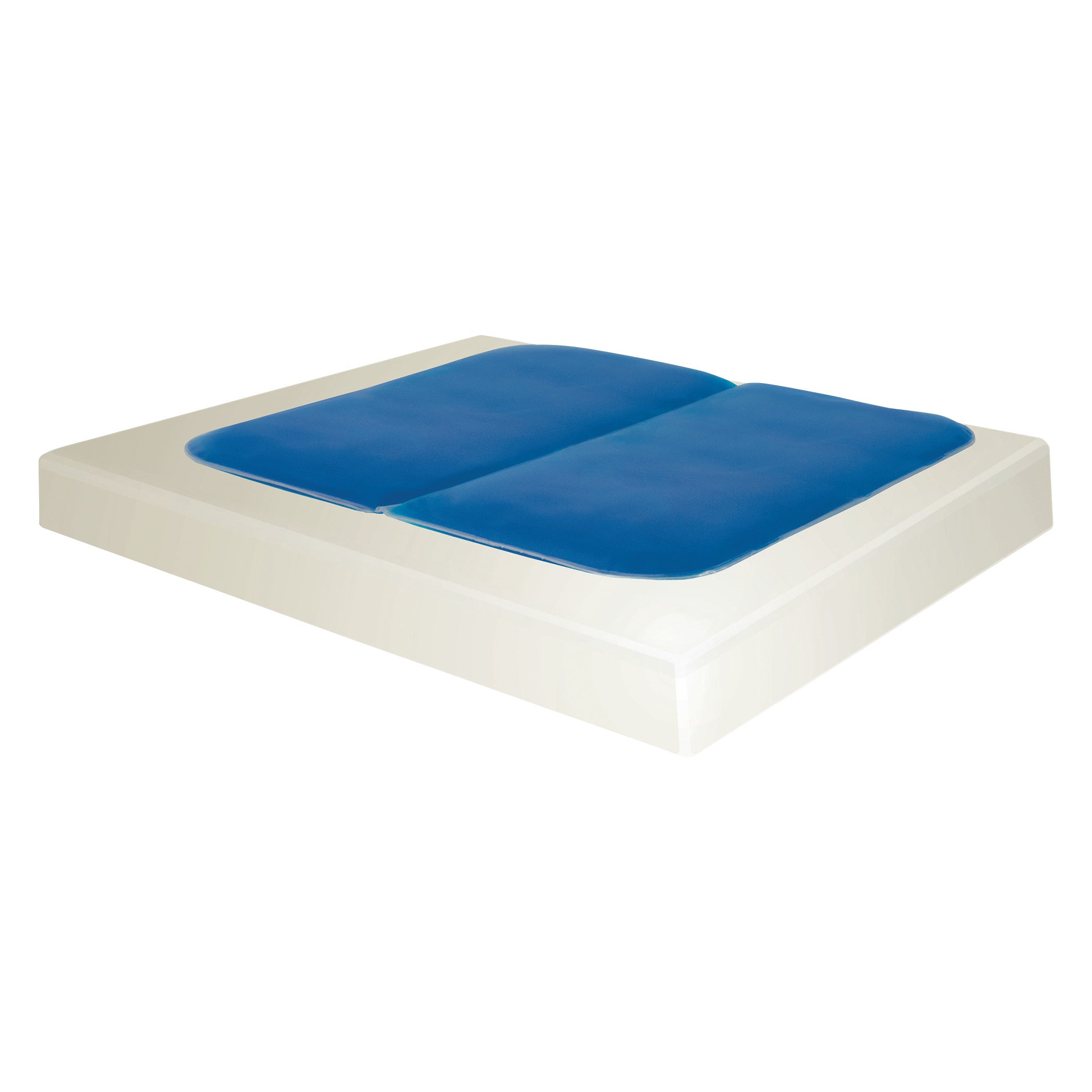 The Express Comfort Gel Wheelchair Cushion is rectangular, with a blue gel surface on a white base for added comfort.