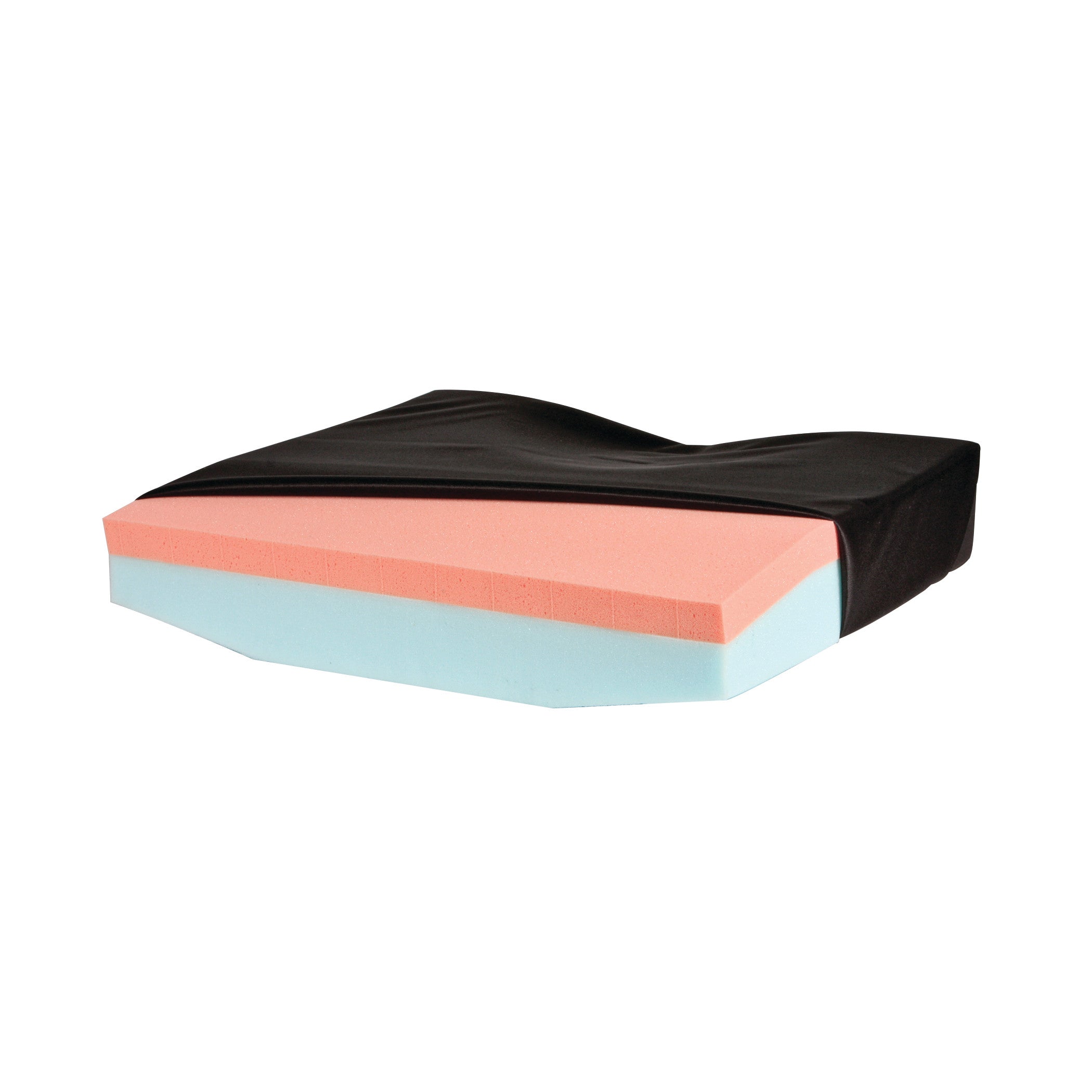 AliMed Sit-Straight Coccyx Wheelchair Cushion with T-Foam, featuring pink and blue foam layers partially covered by a black cover.