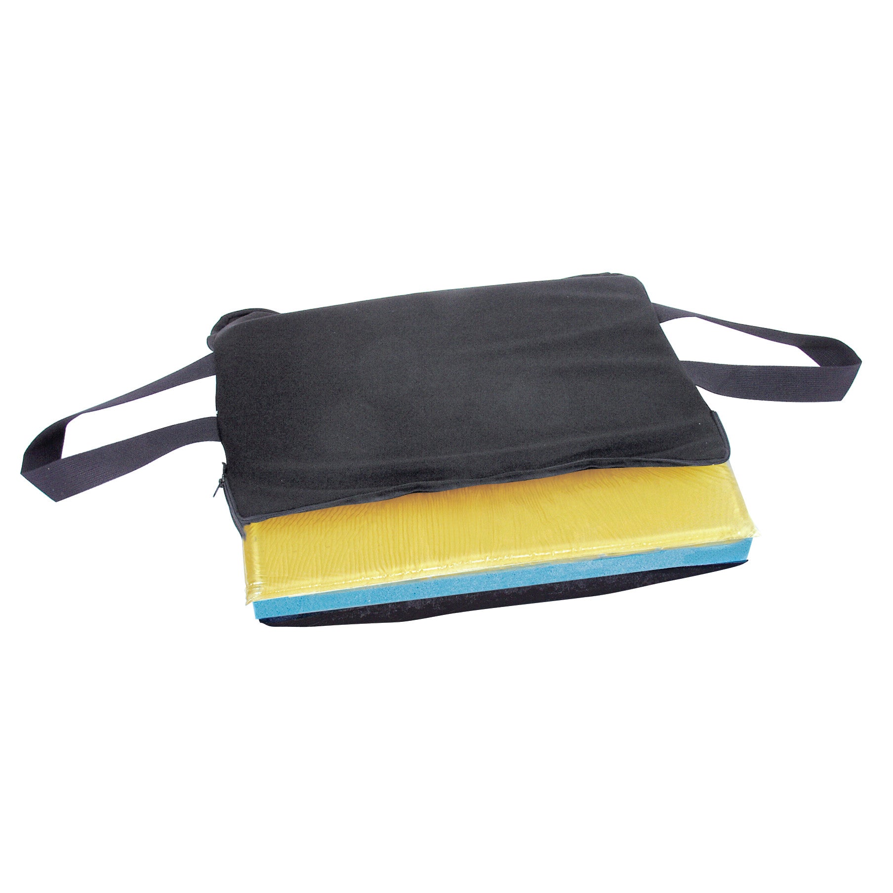 T-Gel Plus Wheelchair Cushion  features a black cover and yellow-blue layers, including a carrying strap.