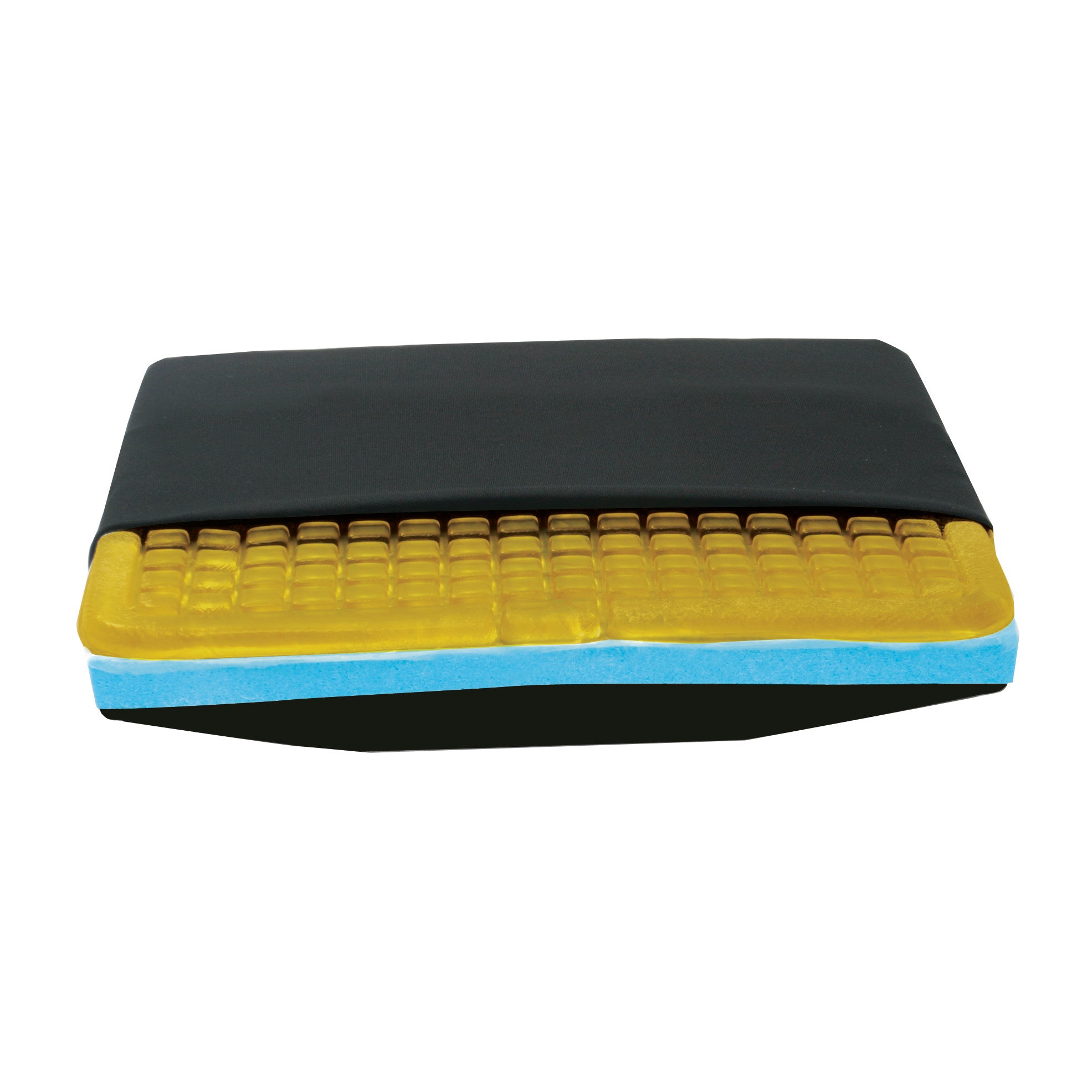 AliMed Checkerboard T-Gel Plus Wheelchair Cushion with Solid Seat Insert, featuring layers of yellow gel, blue foam, and a black cover.