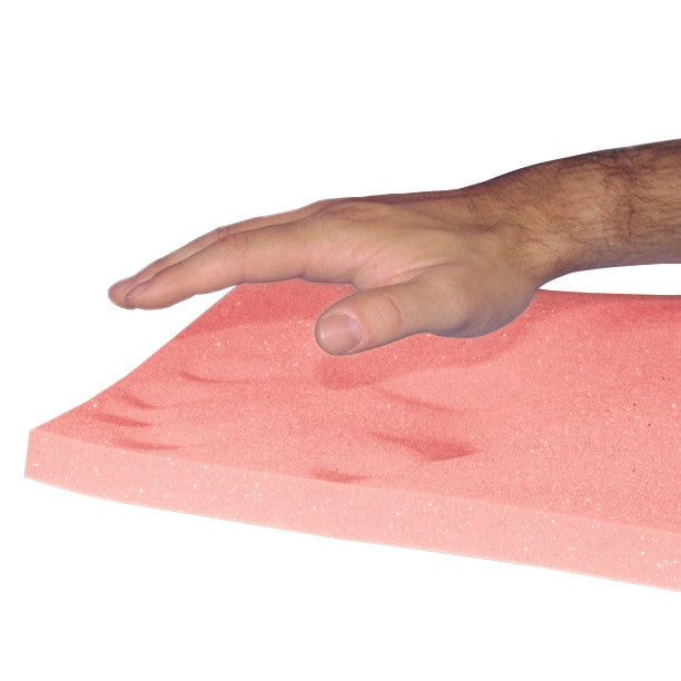A hand presses down on the AliMed T-Foam Uncovered Wheelchair Cushion, showing its memory foam response.