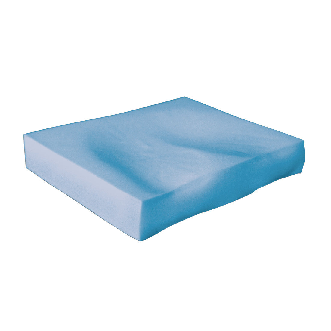 The AliMed Basic T-Foam Wheelchair Cushion is light blue, with a rectangular shape and a slightly indented top surface.
