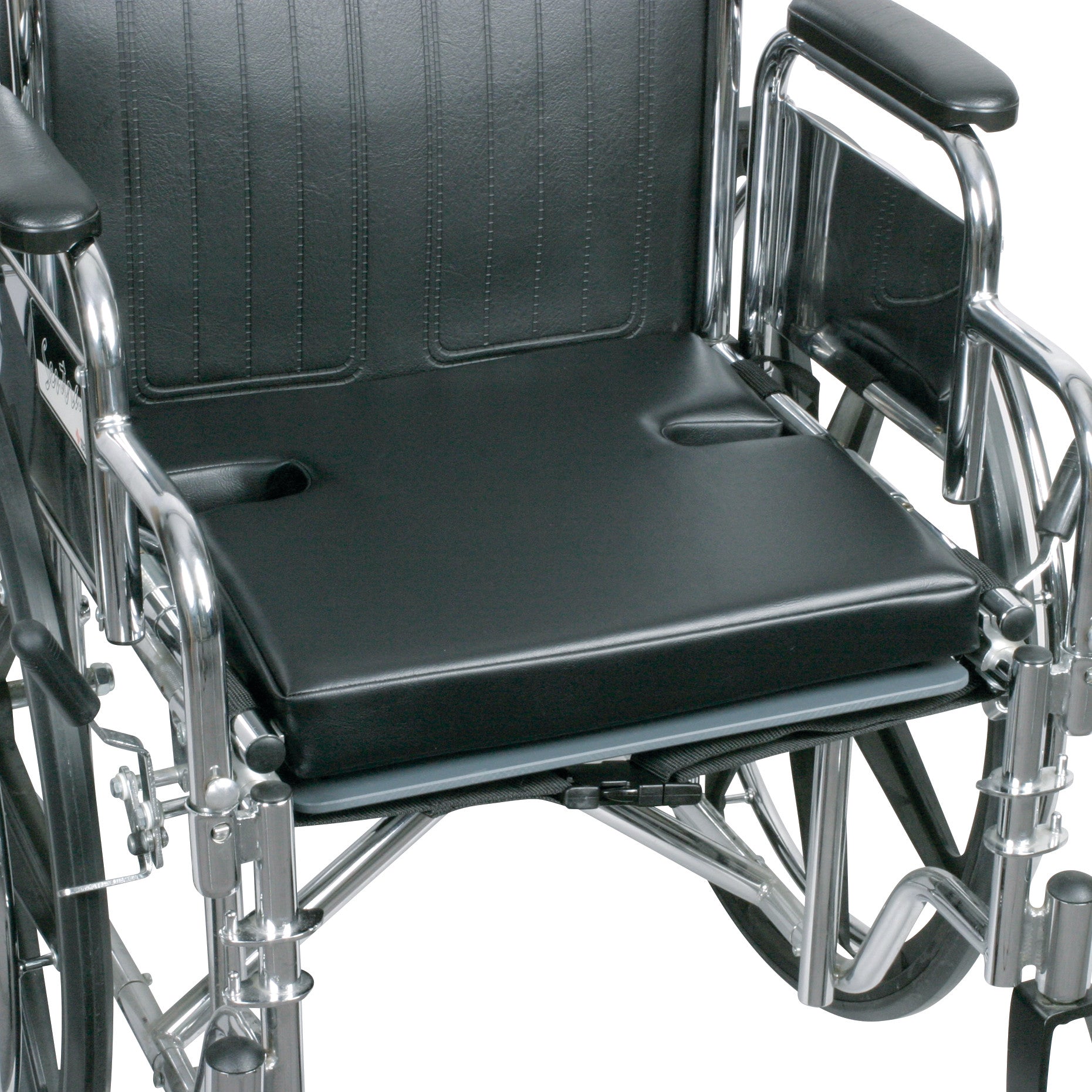 The image displays an AliMed Drop Seat with Polyfoam Wheelchair Cushion placed on a wheelchair, featuring cutouts for support.