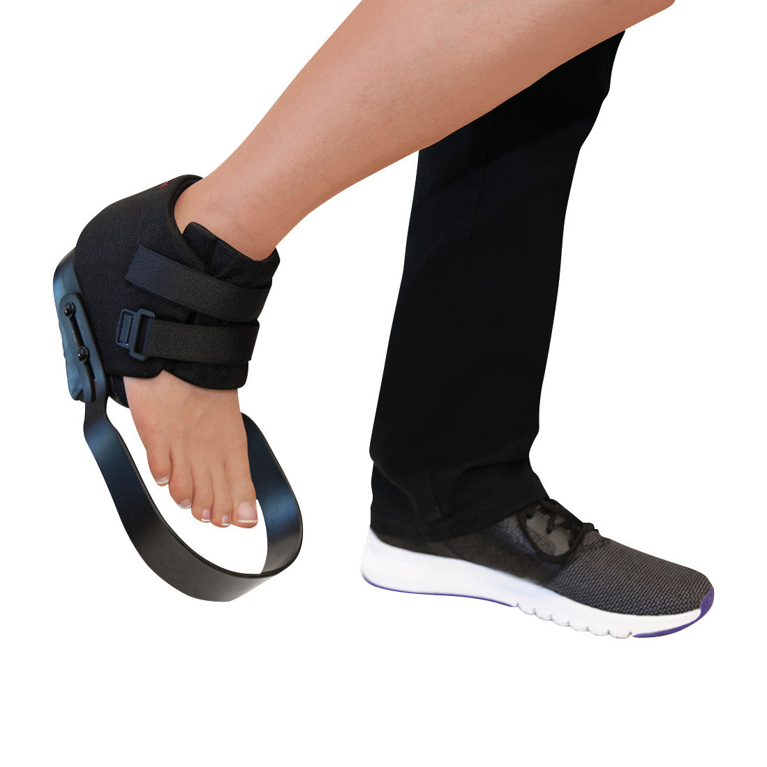 A person wears the Bauerfeind GloboPed Forefoot Relief Orthosis, with a sandal design and adjustable straps.