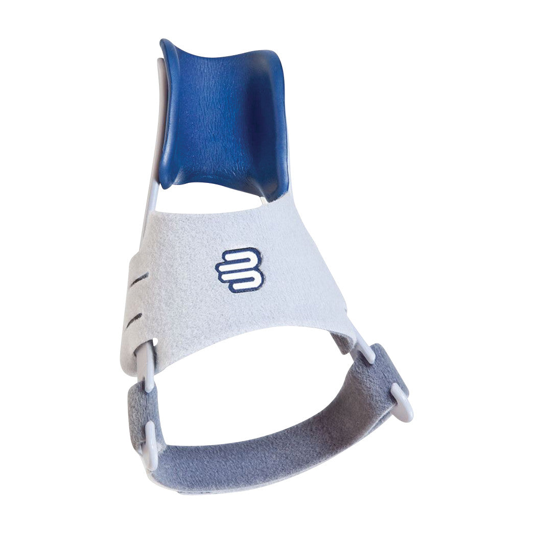The Bauerfeind ValguLoc Hallux Valgus Splint is a gray and blue orthopedic device designed to correct toe alignment.