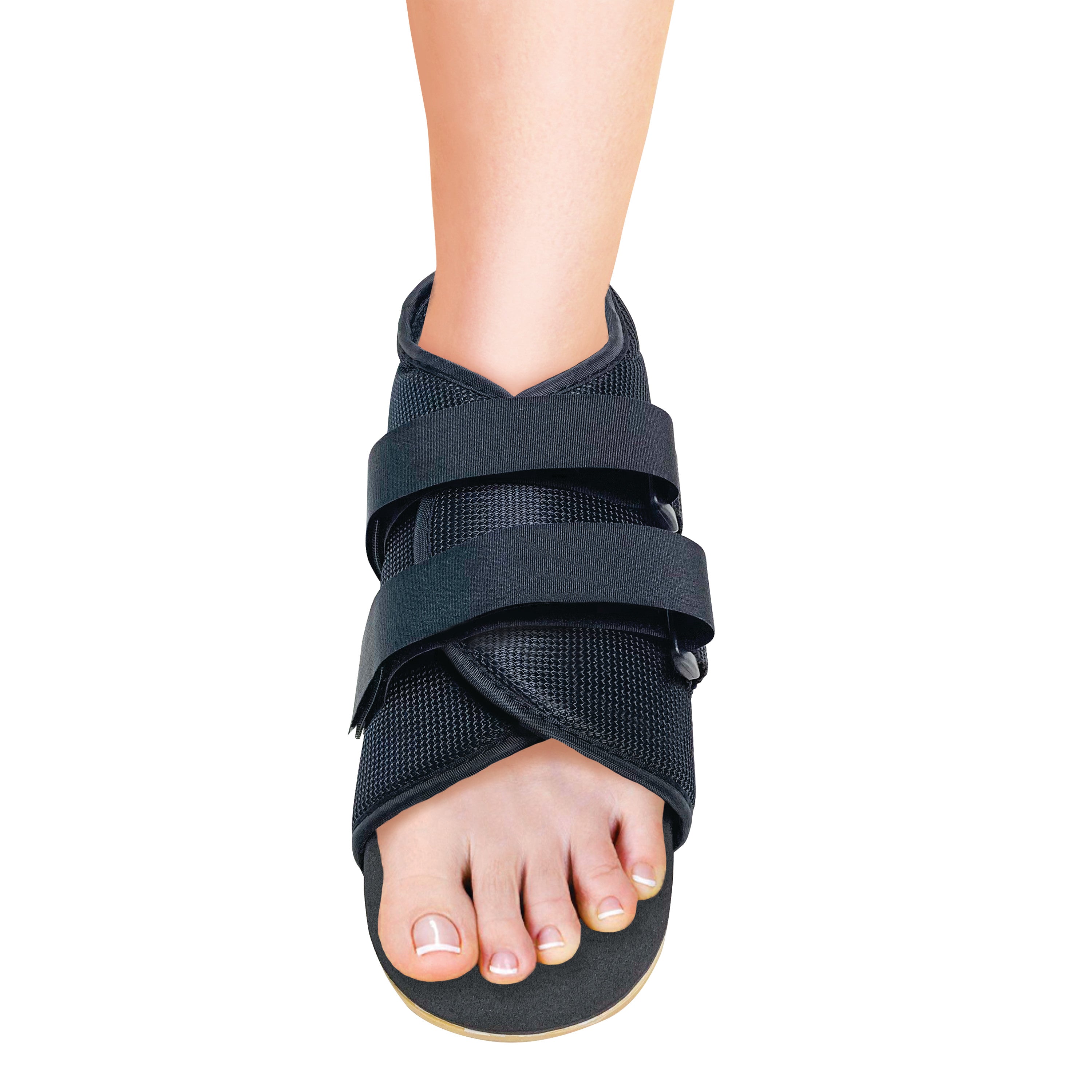 A foot wearing a Canvas Post-Op Shoe with two adjustable straps, designed to provide support and protection after surgery.