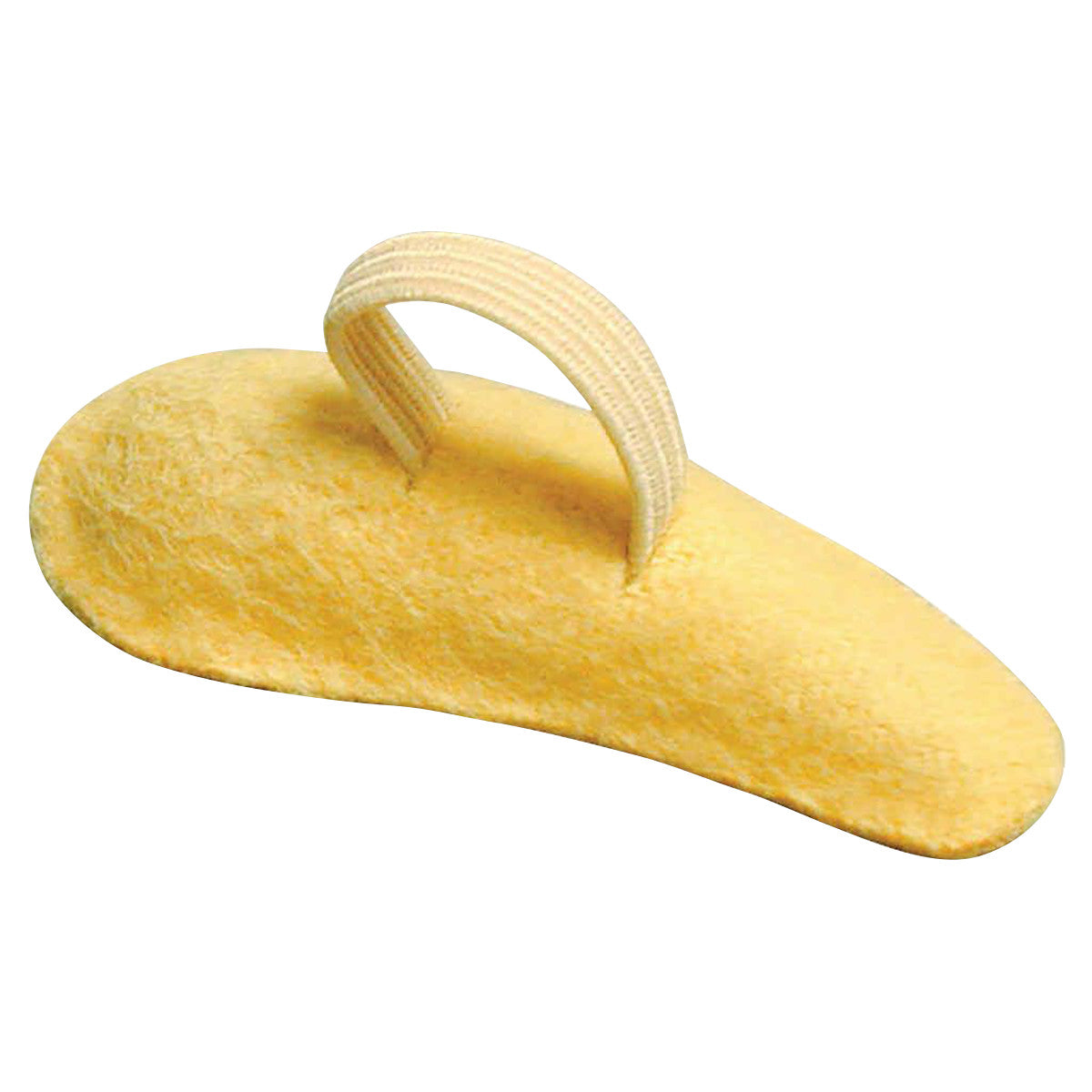 A PediFix FELTastic Hammer Toe Cushion with a yellow felt base and an elastic strap, designed to alleviate toe discomfort.