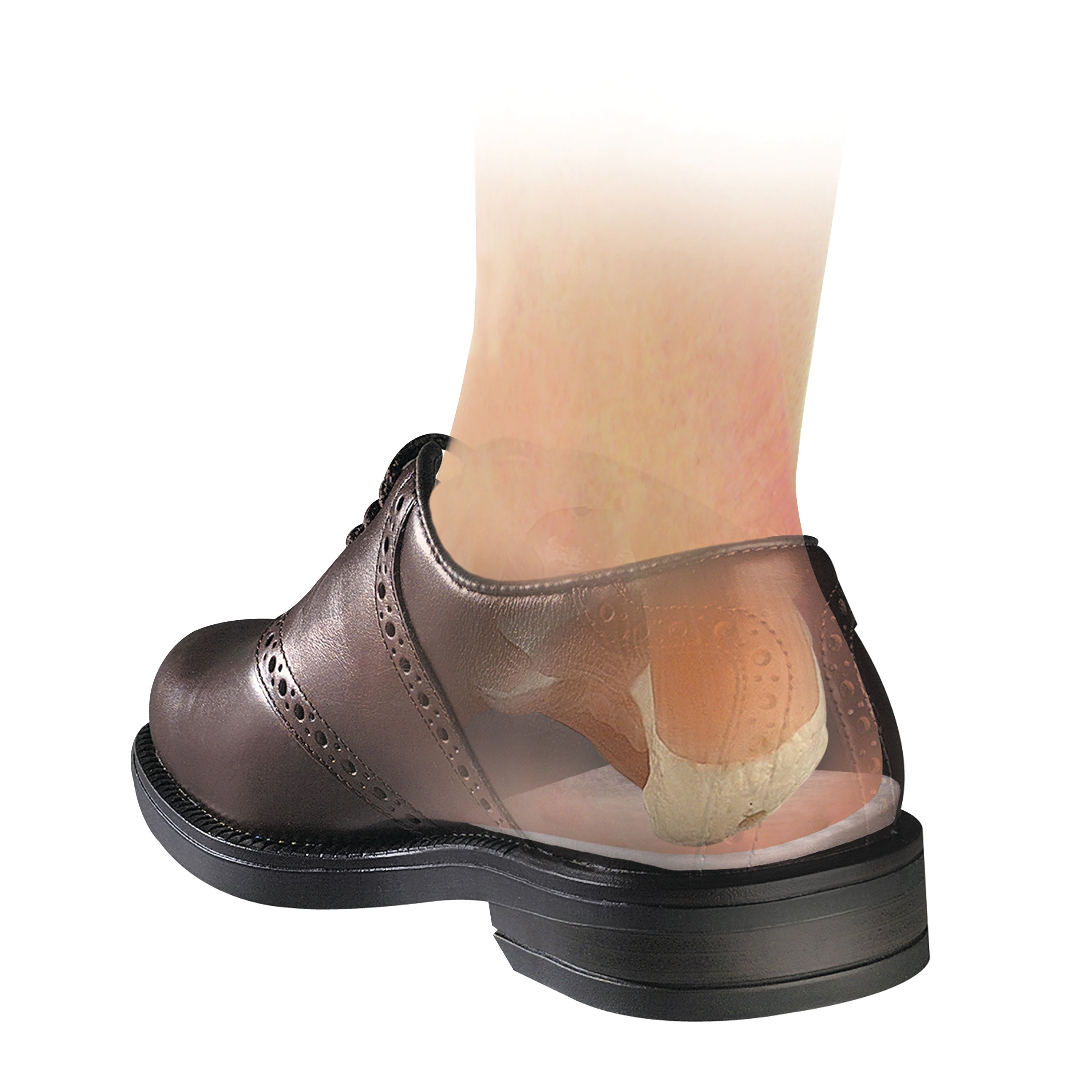 A brown leather shoe displays a semi-transparent view of a foot wearing a Hapad Heel Pad inside, highlighting its placement.
