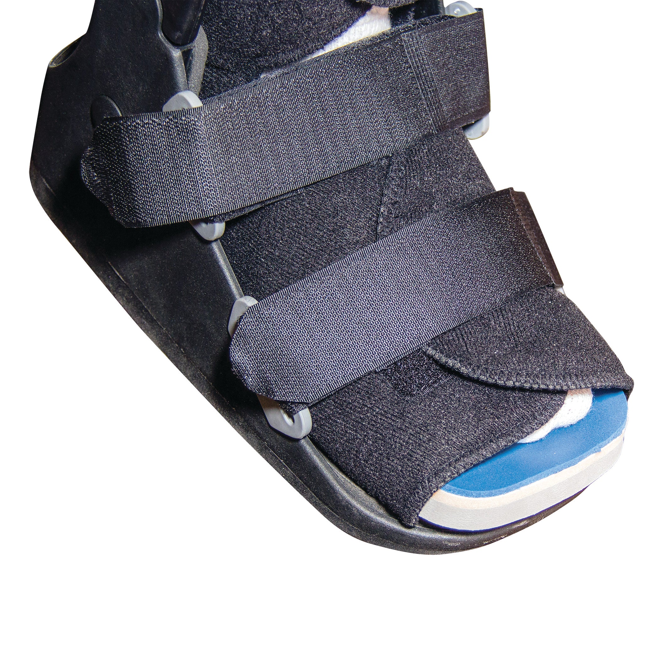 A DARCO PegAssist Walker Offloading Insole System with a black boot and adjustable straps for foot support.