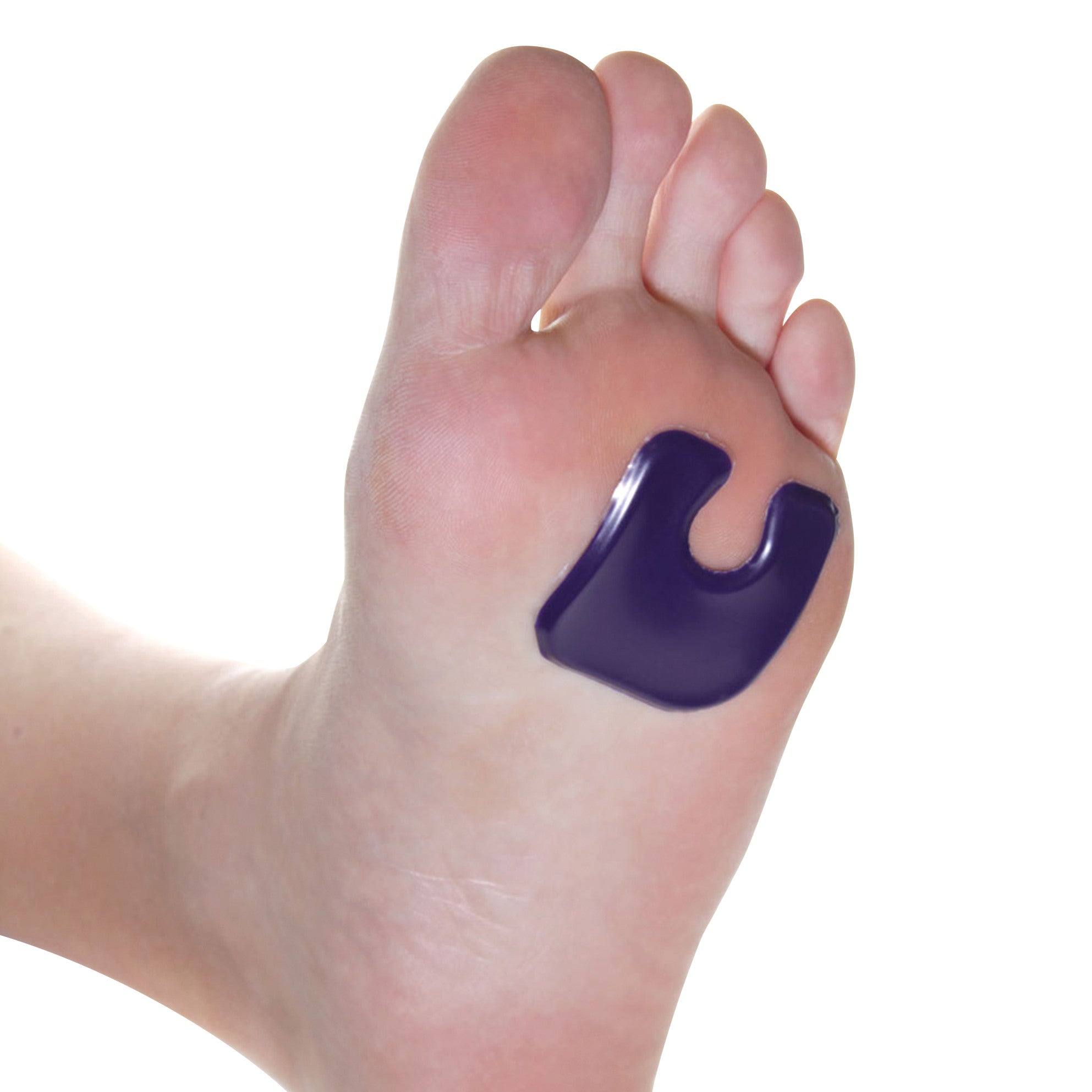 A foot with a purple U-Shape Gel Callus Pad applied to the sole, designed to relieve pressure on calluses.