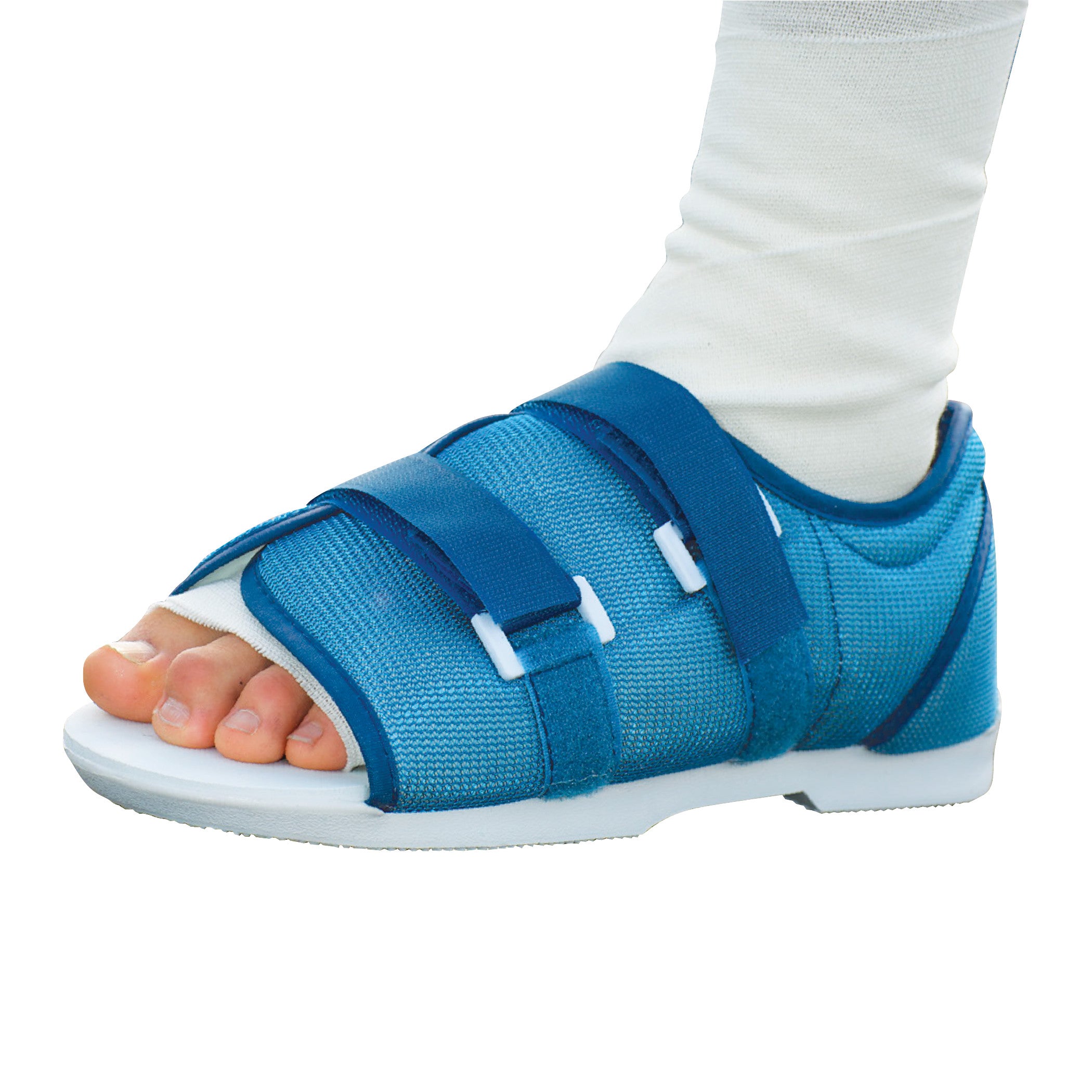 A foot wearing the DARCO Original MedSurg Shoe, a blue orthopedic sandal with straps and an open toe design.