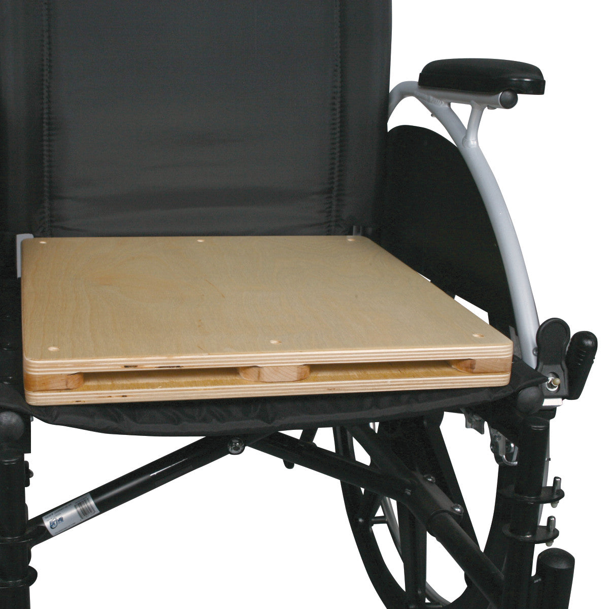 A wheelchair with an AliMed Unpadded Amputee Support Surface featuring a cushioned stump support placed on the seat.