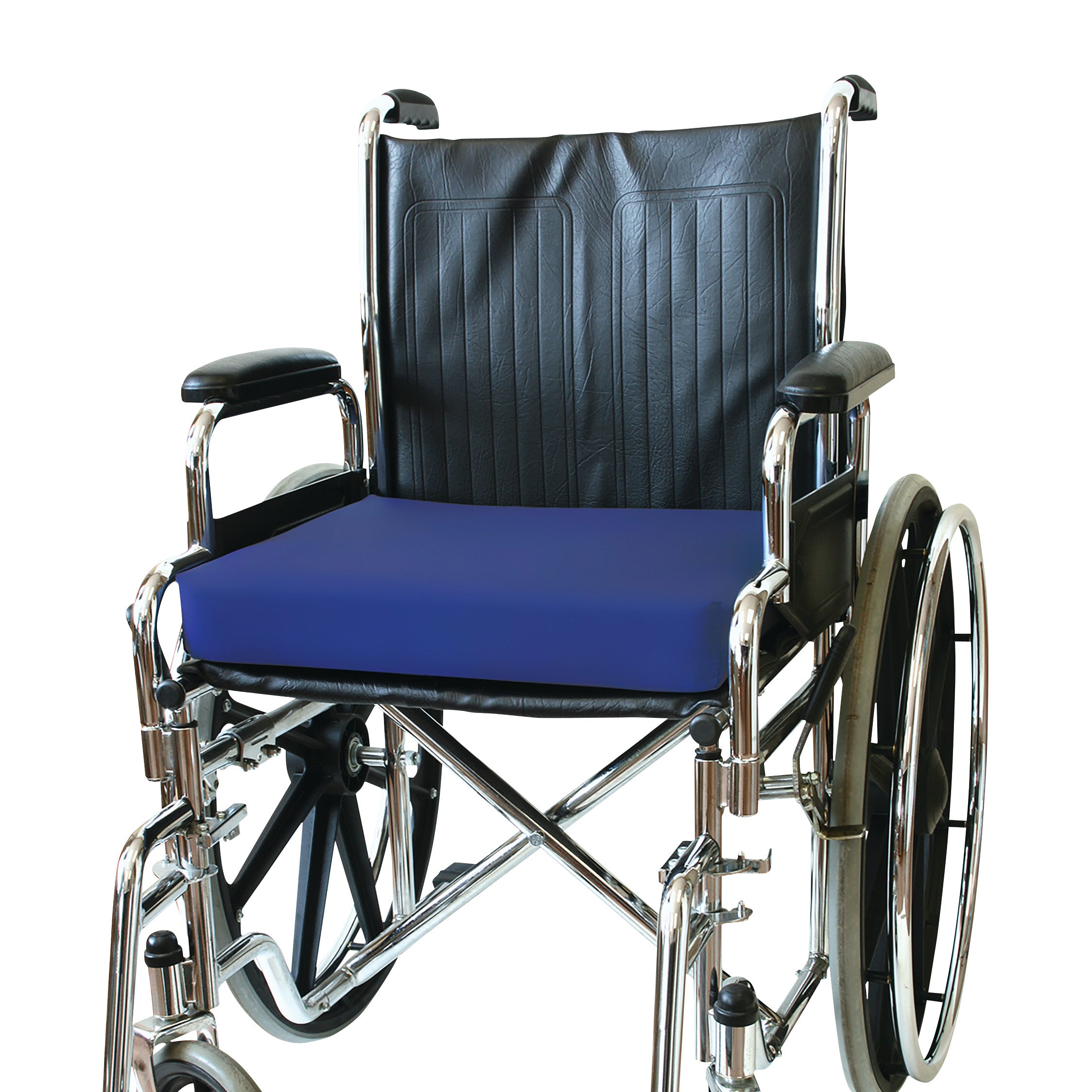 A wheelchair features a NYOrtho Gel-Foam Wheelchair Cushion in blue, providing additional comfort and support for users.