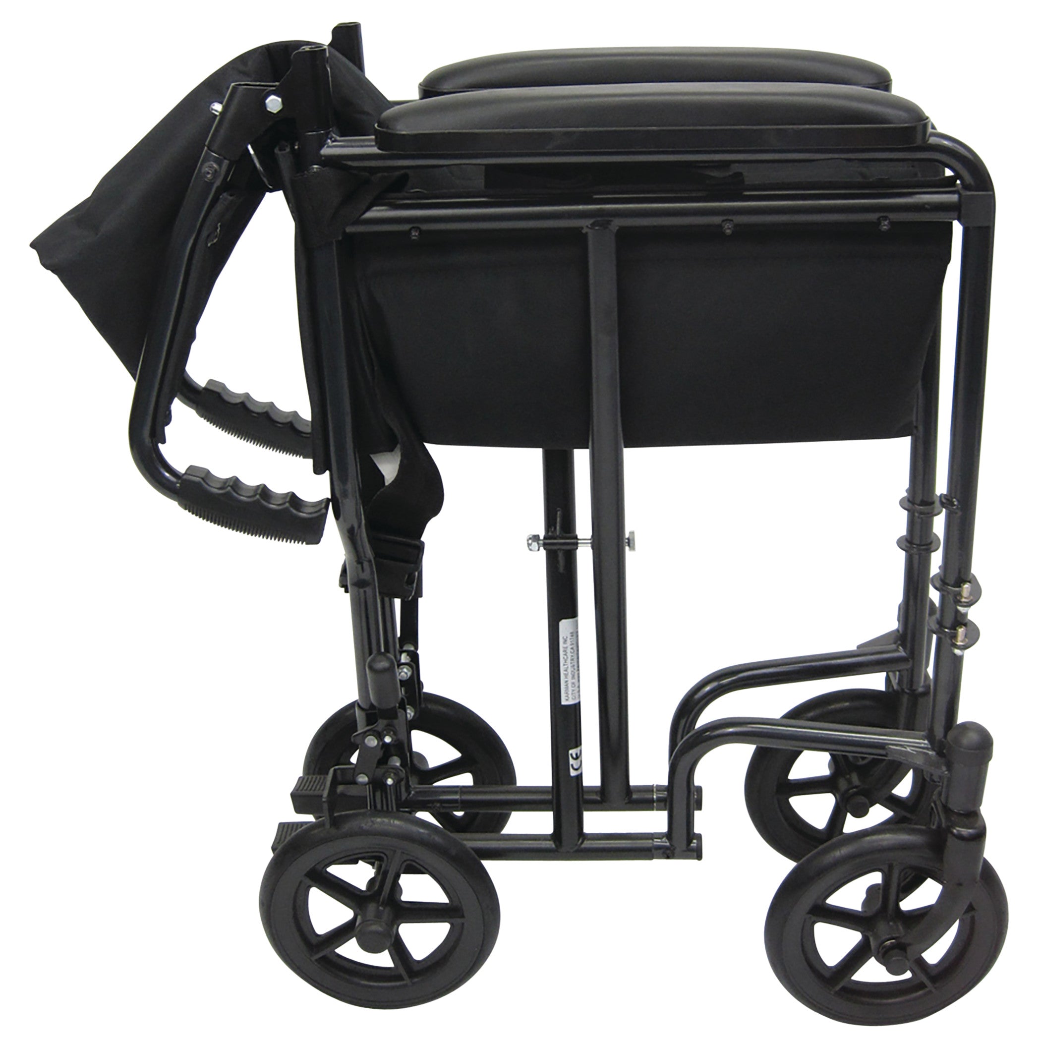 The Karman T-2000 Series Lightweight Transport Chair is shown folded, with black padding, large rear wheels, and push handles.