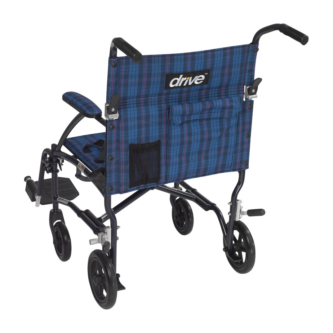 The Drive Medical Fly-Lite Aluminum Transport Chair has a blue plaid fabric with black handles and small wheels.