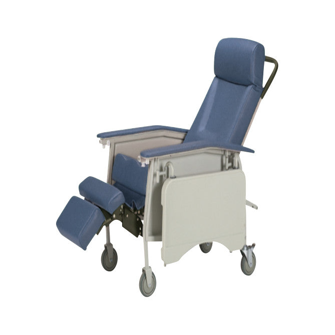 Invacare Deluxe Geri-Chair with blue cushioning, adjustable backrest, leg support, and wheels for mobility.