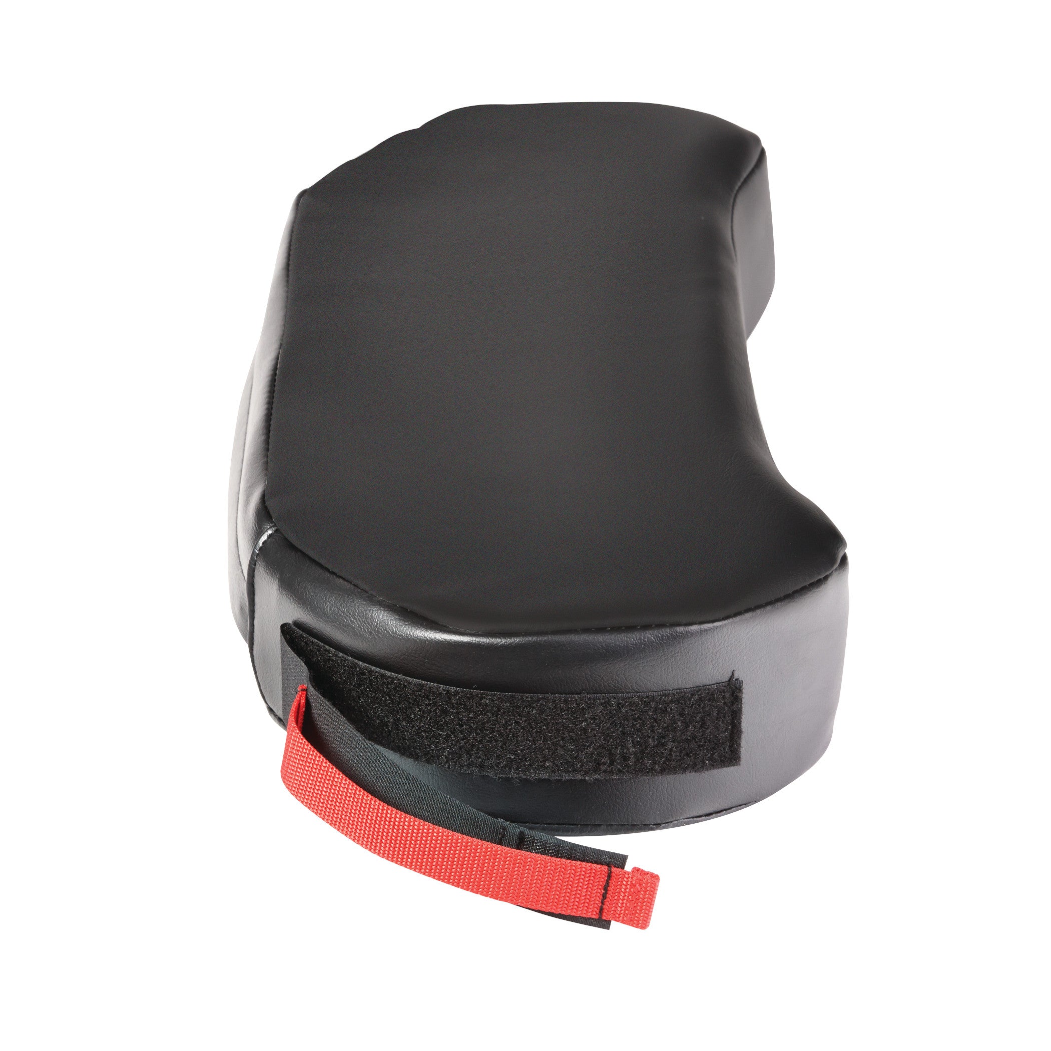 An AliMed BreakAway Lap Cushion in black with a red strap and hook and loop  closure. It is contoured in shape.