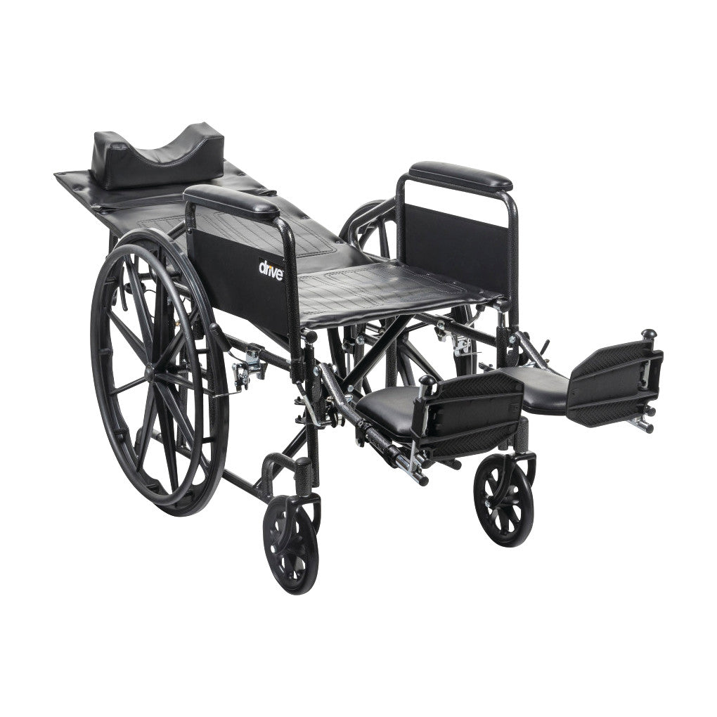 Drive Medical Silver Sport Full-Reclining Wheelchair with Full Arms, featuring elevated leg rests and a cushioned head support.