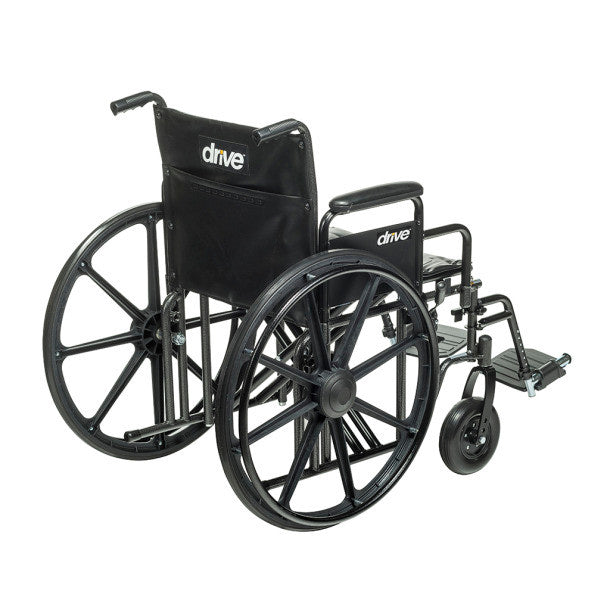 Drive Medical Sentra EC Heavy-Duty Wheelchair with Removable Desk Arms and Swing-Away Footrests, shown from a rear angled view.