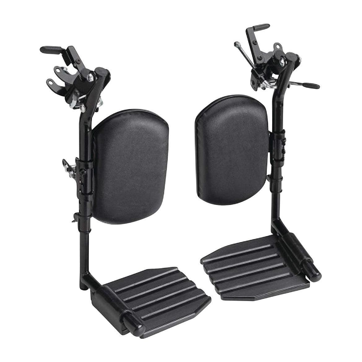 Elevating leg rests from an Invacare 9000XT Wheelchair with Adjustable Desk Arms, featuring padded supports and footplates.