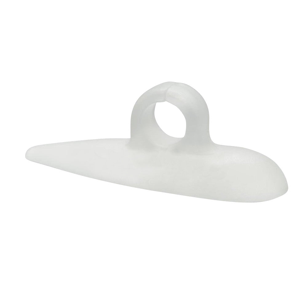 Silipos Gel Toe Crest, a translucent white gel pad, designed to fit under toes for alignment and comfort, viewed from the side.