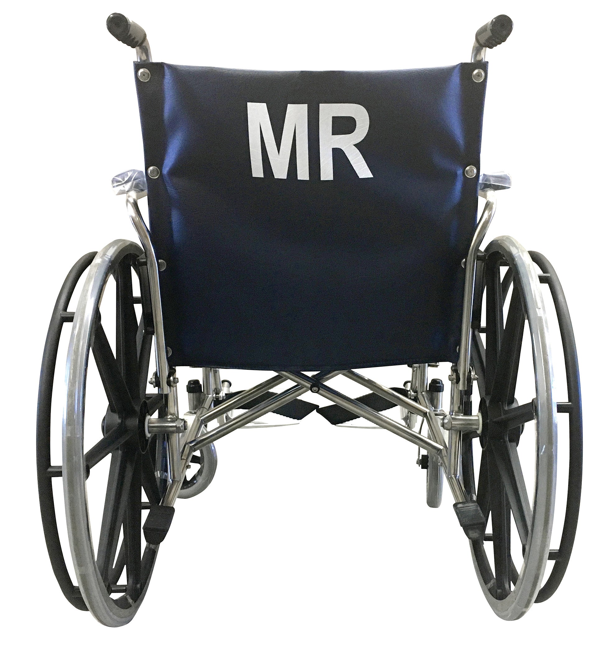 Rear view of the MR-Conditional Wheelchair featuring removable flip-up desk arms and footrests, with "MR" on the backrest.