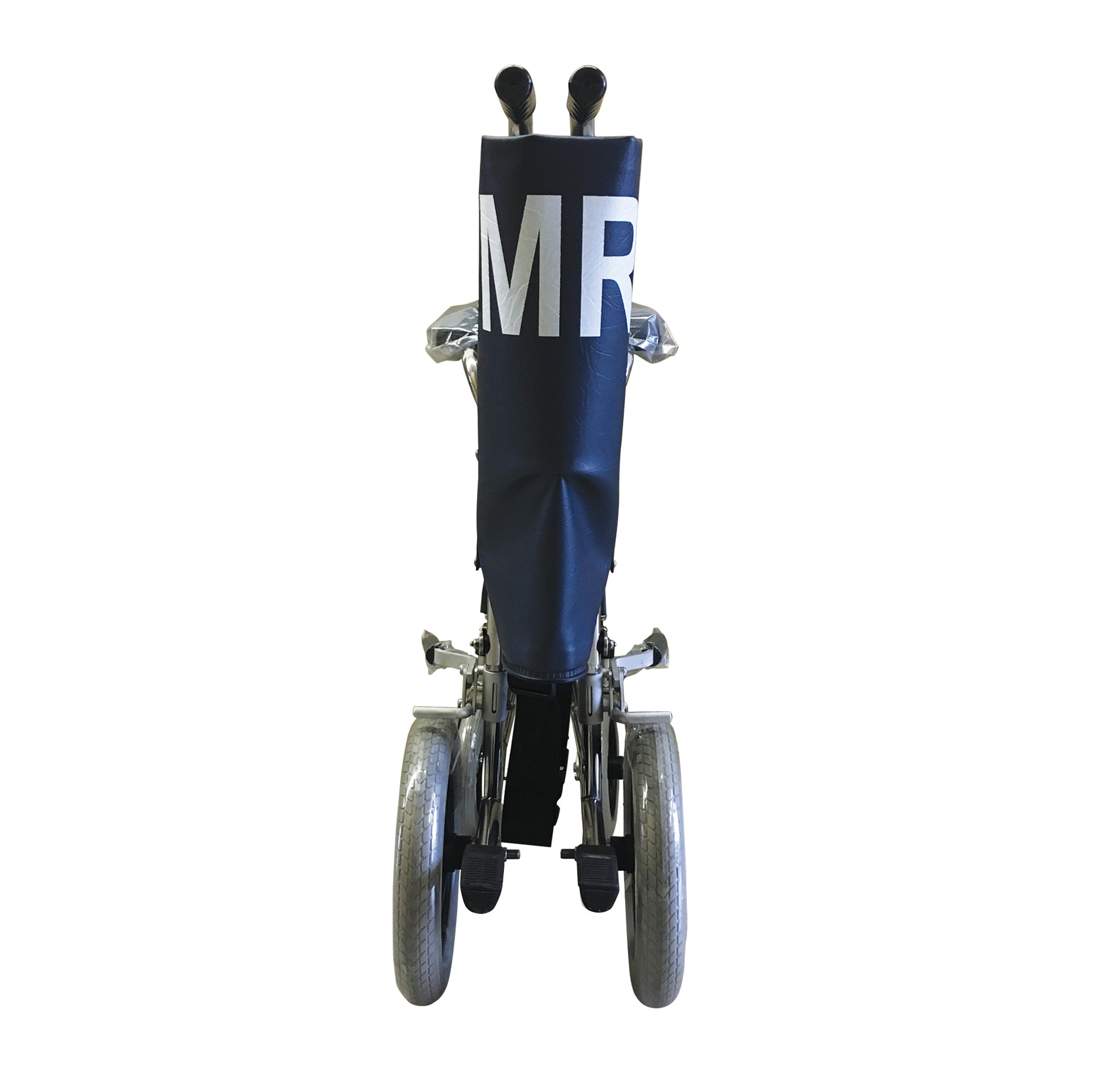 MRI Nonmagnetic Transport Chair, rear view with a cover displaying "MRI." The chair features large wheels and footrests.